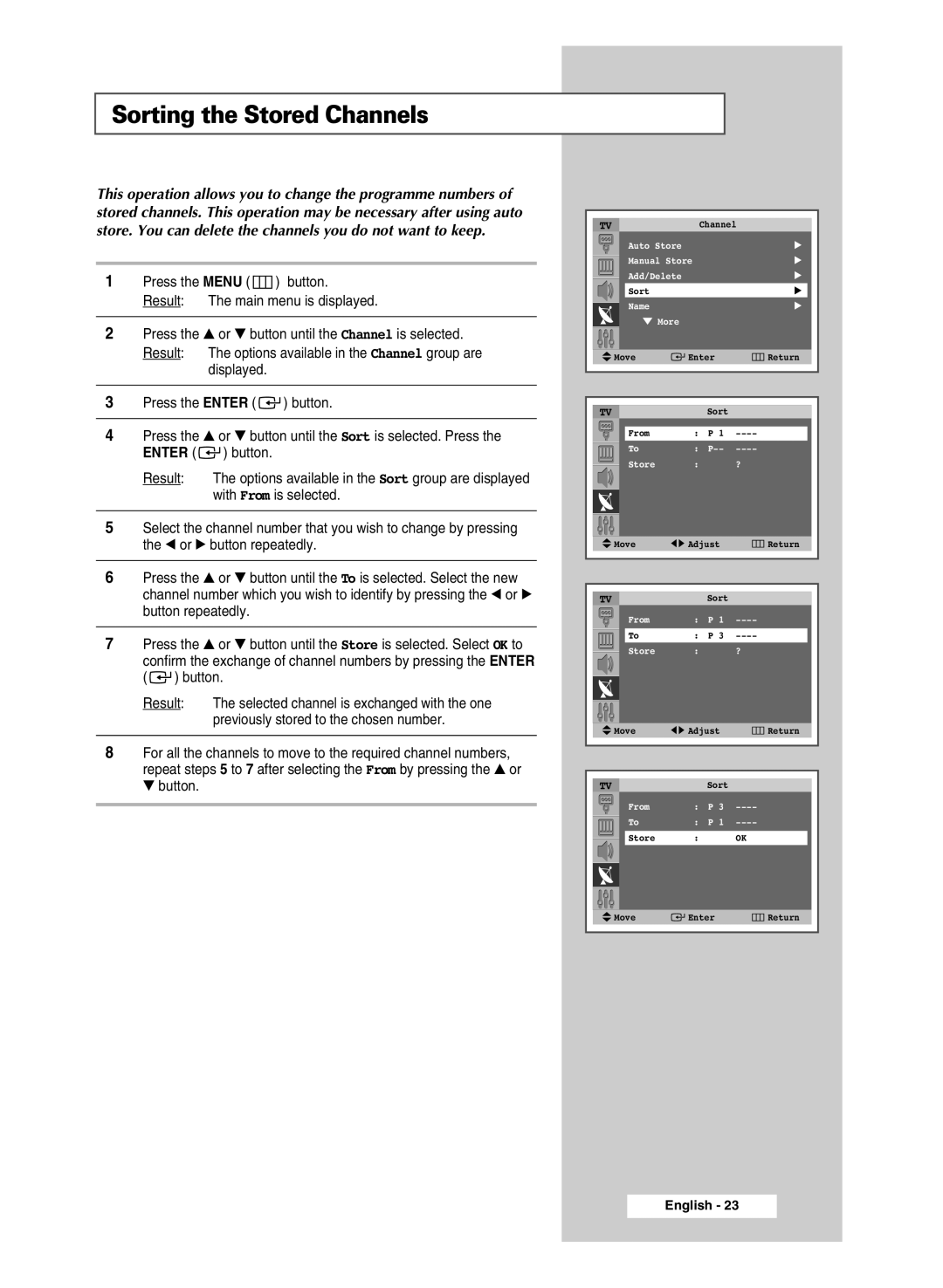 Samsung SP43R1, SP54R1, SP47Q5 manual Sorting the Stored Channels 