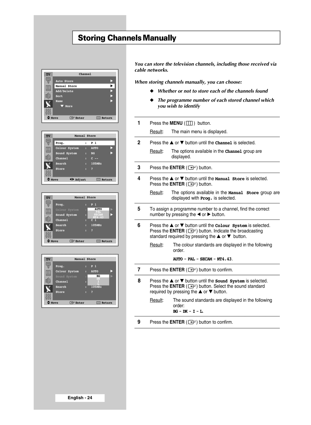 Samsung SP54R1, SP47Q5, SP43R1 manual Storing Channels Manually, Auto 