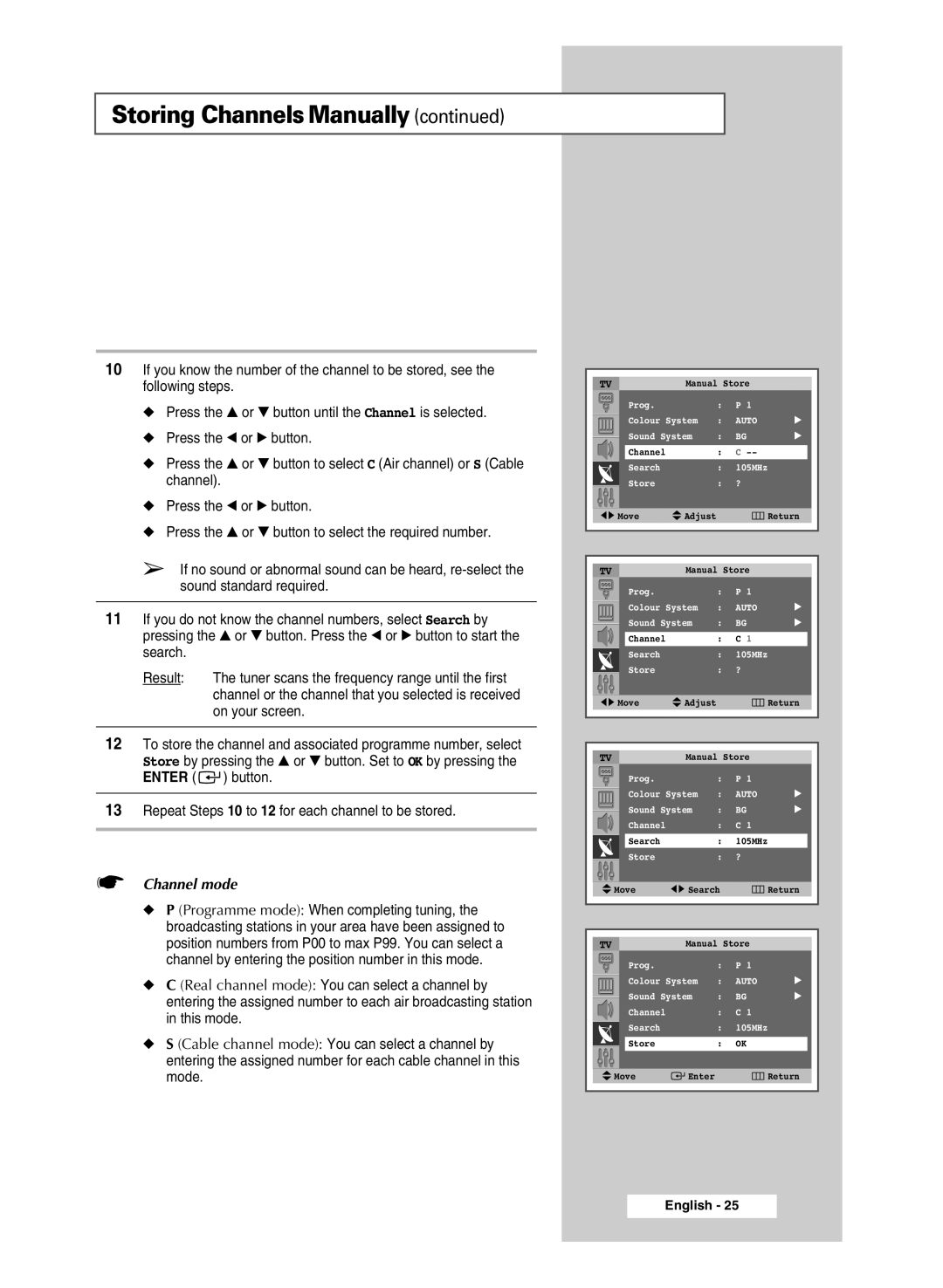 Samsung SP47Q5, SP54R1, SP43R1 manual Storing ChannelsManually, Channel mode 