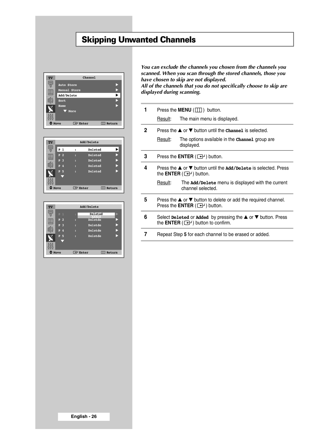 Samsung SP43R1, SP54R1, SP47Q5 manual Skipping Unwanted Channels 