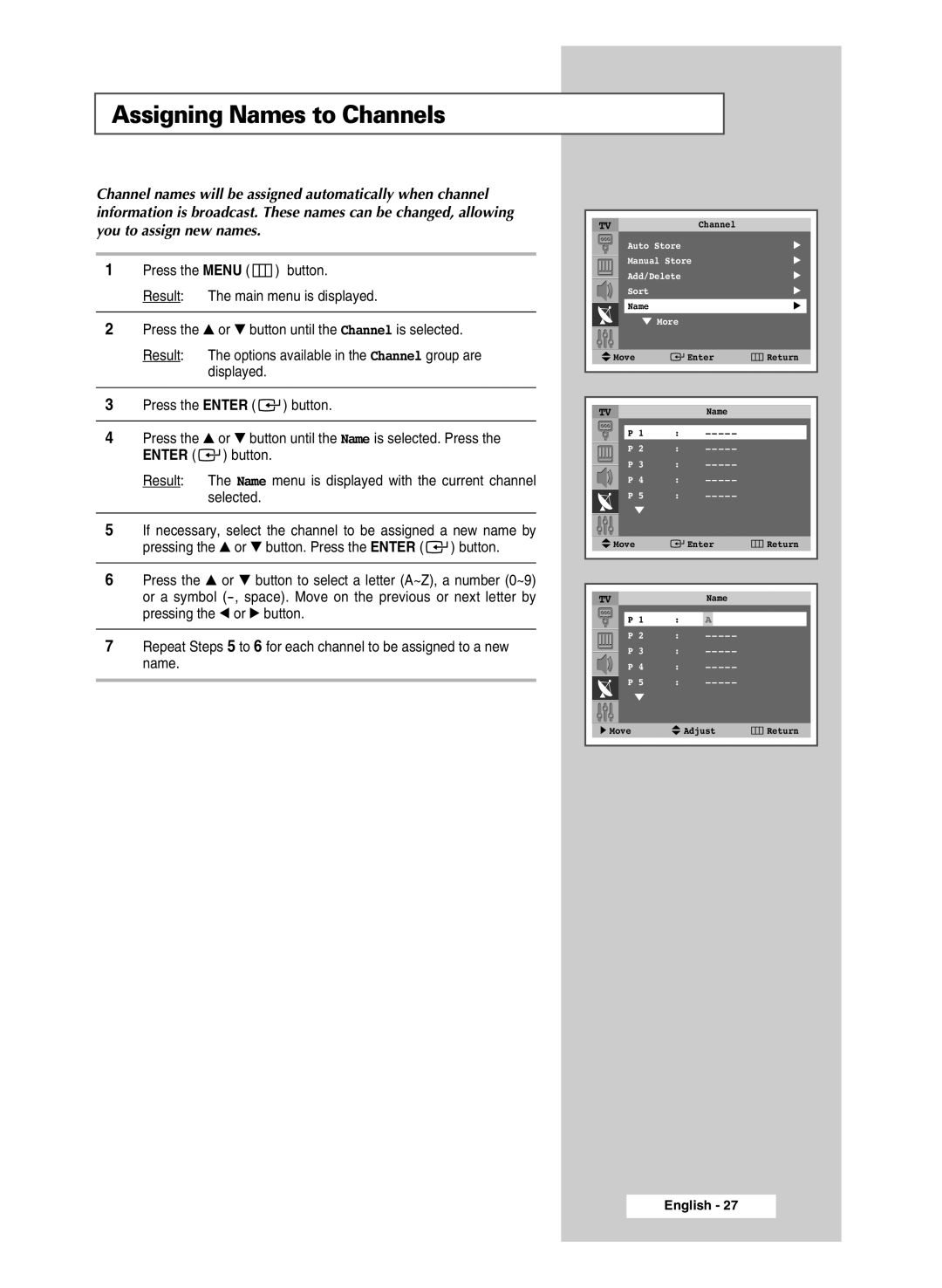 Samsung SP54R1, SP47Q5, SP43R1 manual Assigning Names to Channels 