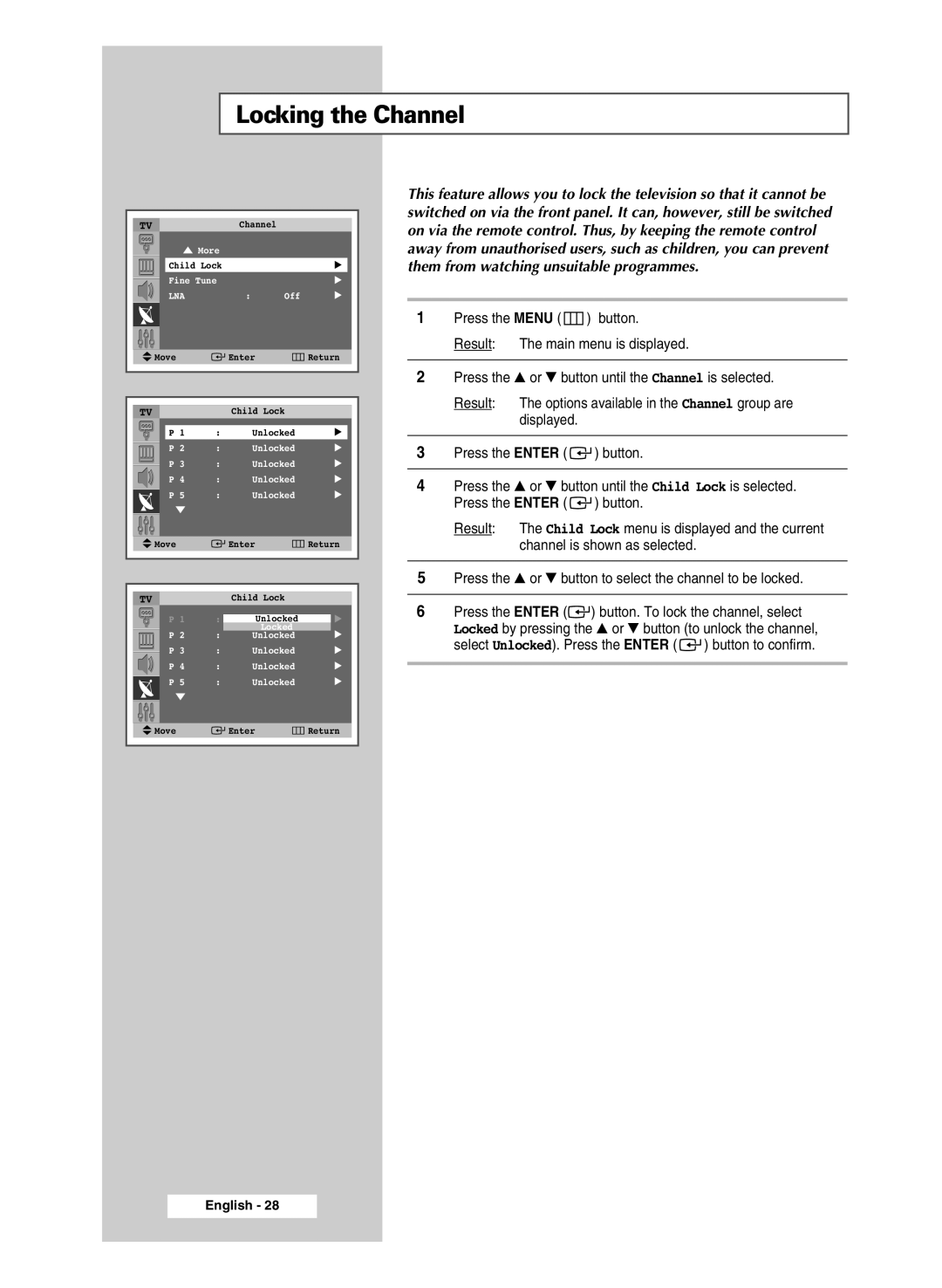 Samsung SP47Q5, SP54R1, SP43R1 manual Locking the Channel, Lna 