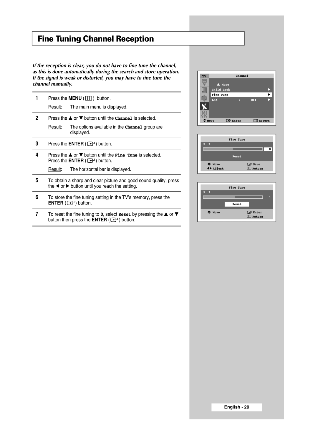 Samsung SP43R1, SP54R1, SP47Q5 manual Fine Tuning Channel Reception 