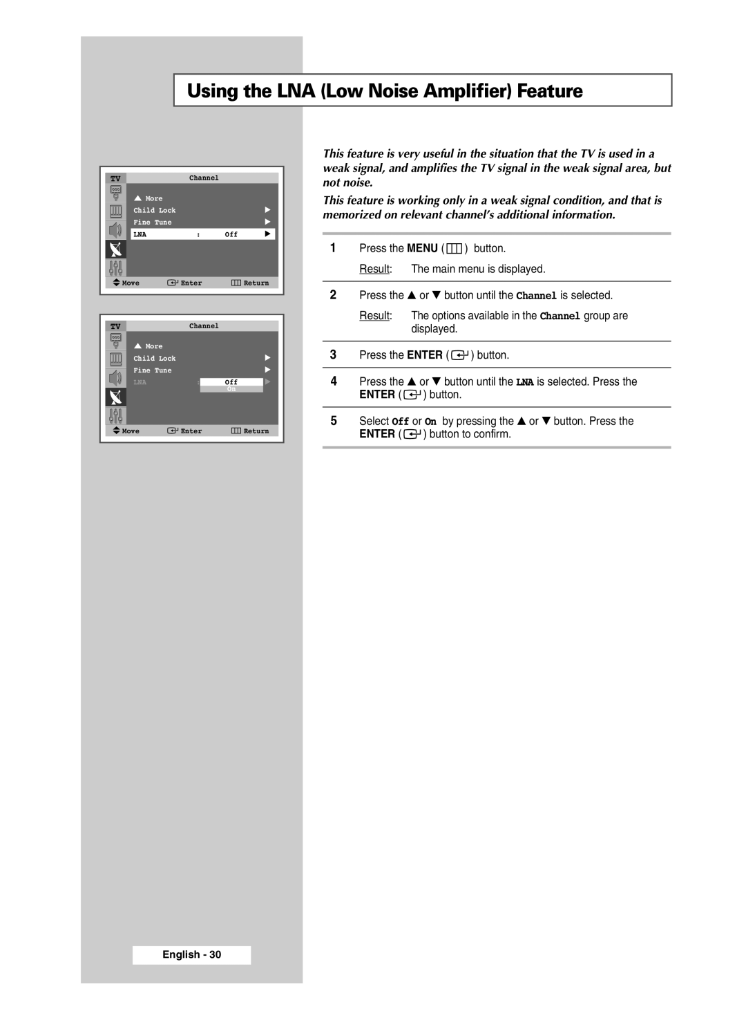 Samsung SP54R1, SP47Q5, SP43R1 manual Using the LNA Low Noise Amplifier Feature 