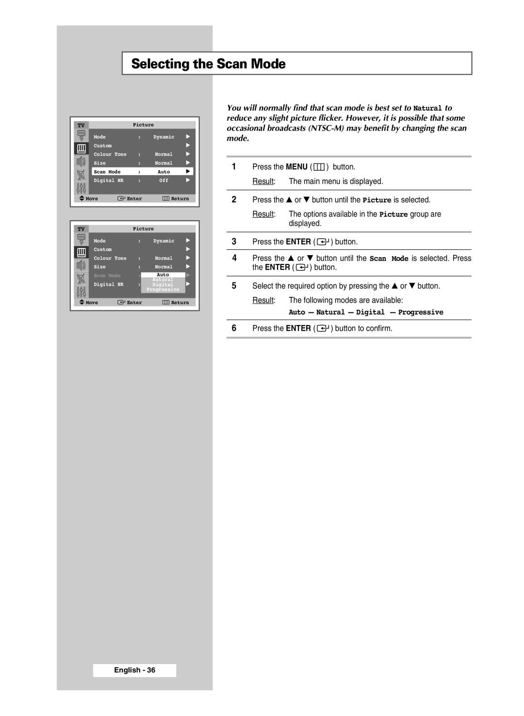 Samsung SP54R1, SP47Q5, SP43R1 manual Selecting the Scan Mode 