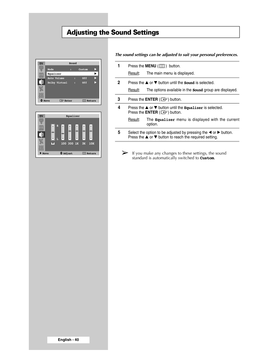 Samsung SP47Q5, SP54R1, SP43R1 manual Adjusting the Sound Settings 