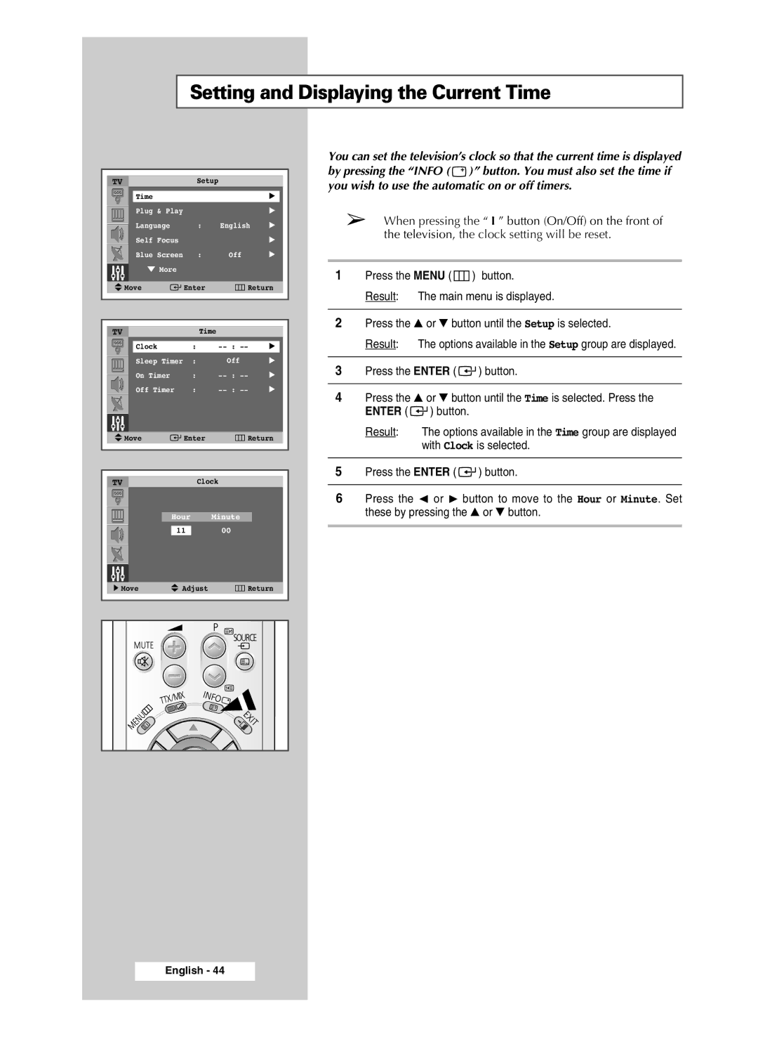 Samsung SP43R1, SP54R1, SP47Q5 manual Setting and Displaying the Current Time 