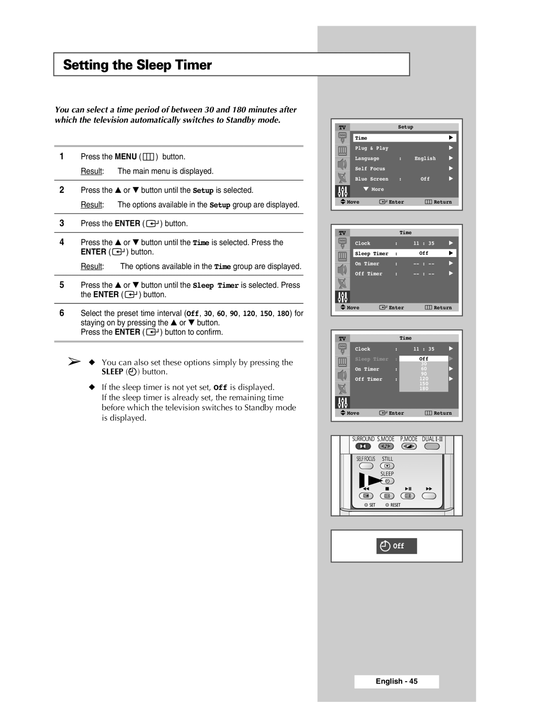 Samsung SP54R1, SP47Q5, SP43R1 manual Setting the Sleep Timer 