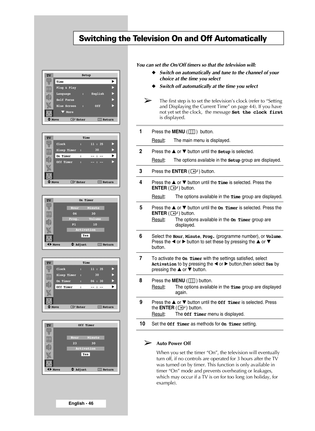 Samsung SP47Q5, SP54R1, SP43R1 manual Switching the Television On and Off Automatically, Auto Power Off 