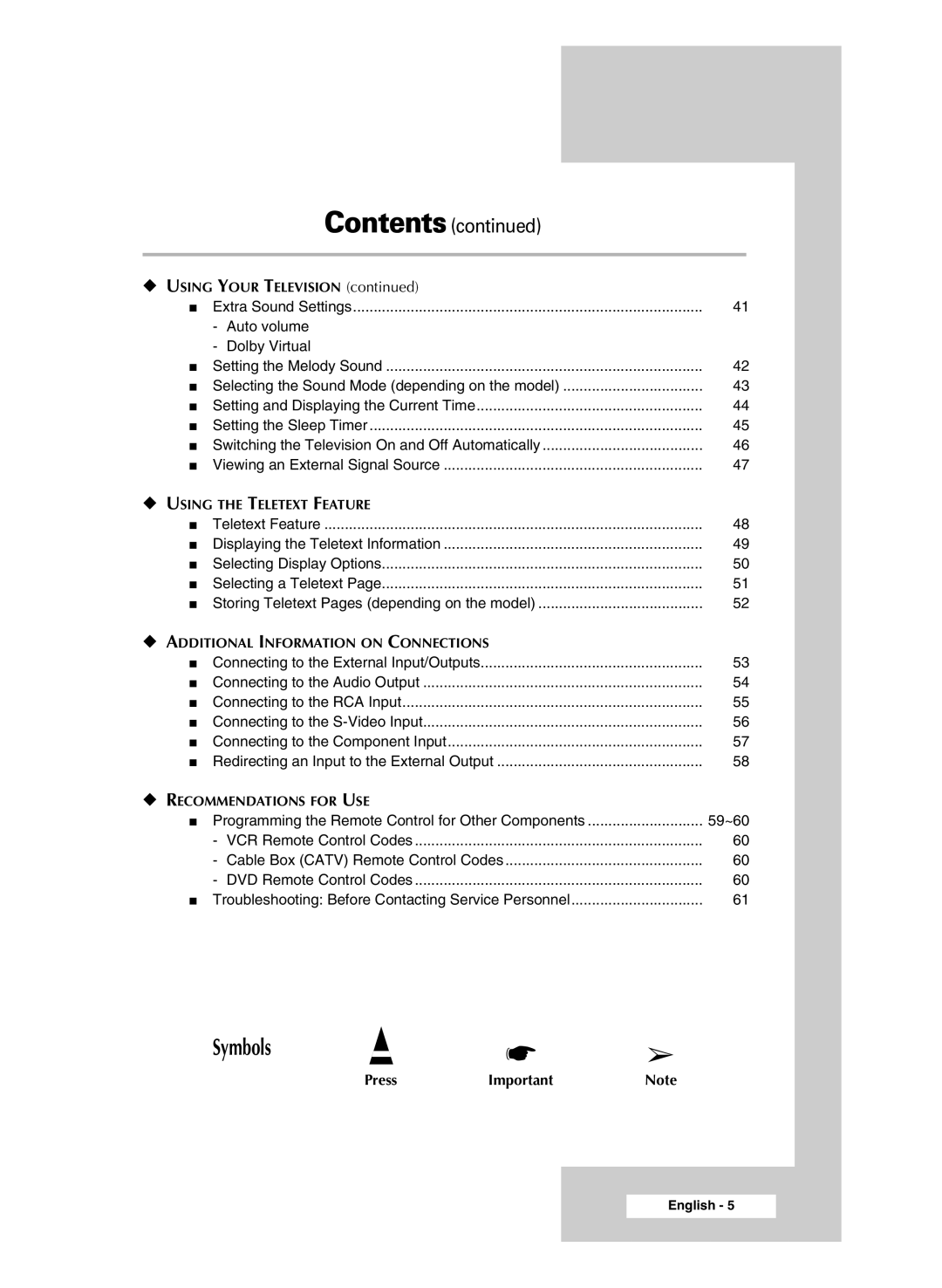 Samsung SP43R1, SP54R1, SP47Q5 manual Symbols 