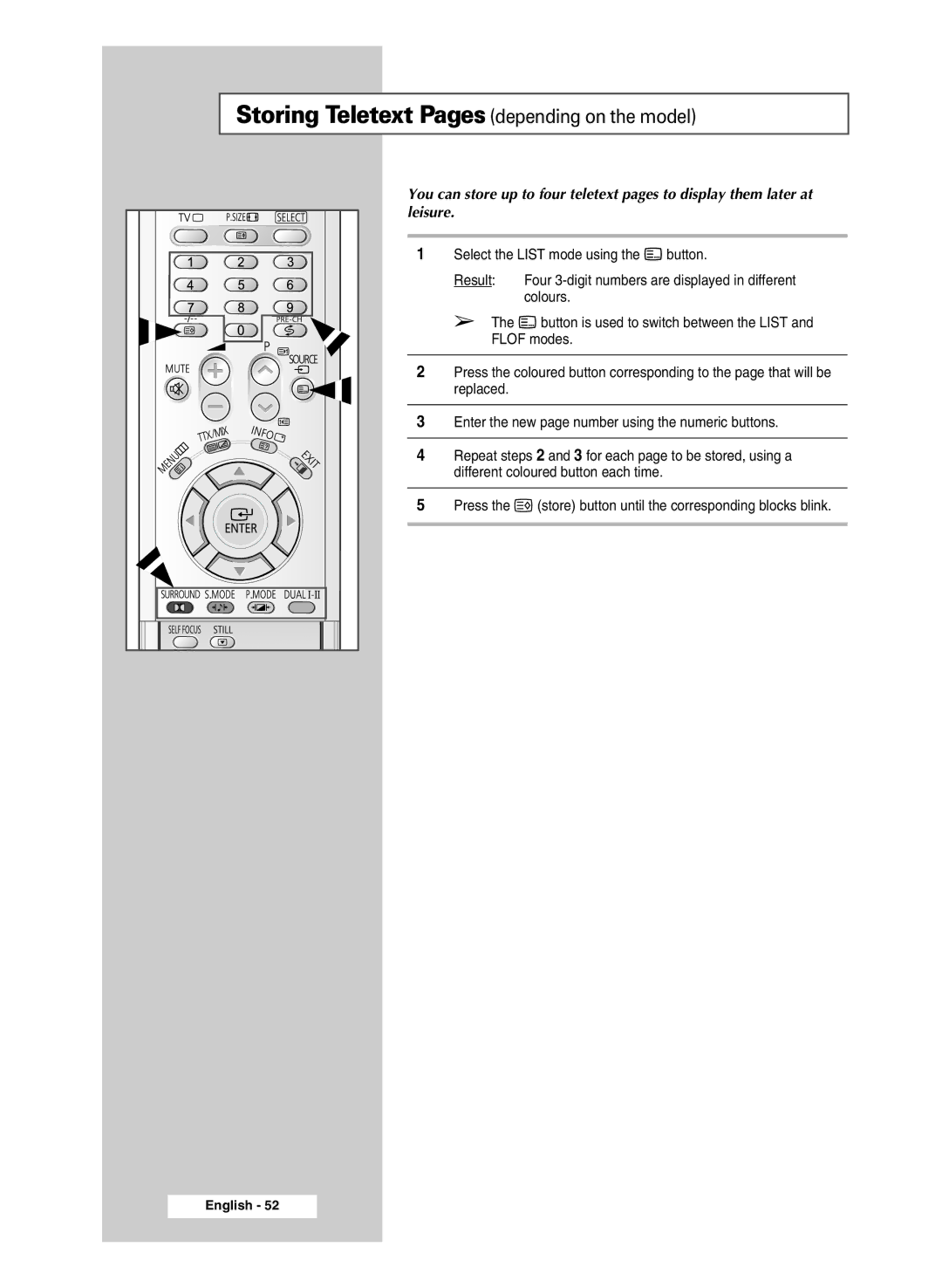 Samsung SP47Q5, SP54R1, SP43R1 manual Storing Teletext Pages depending on the model 