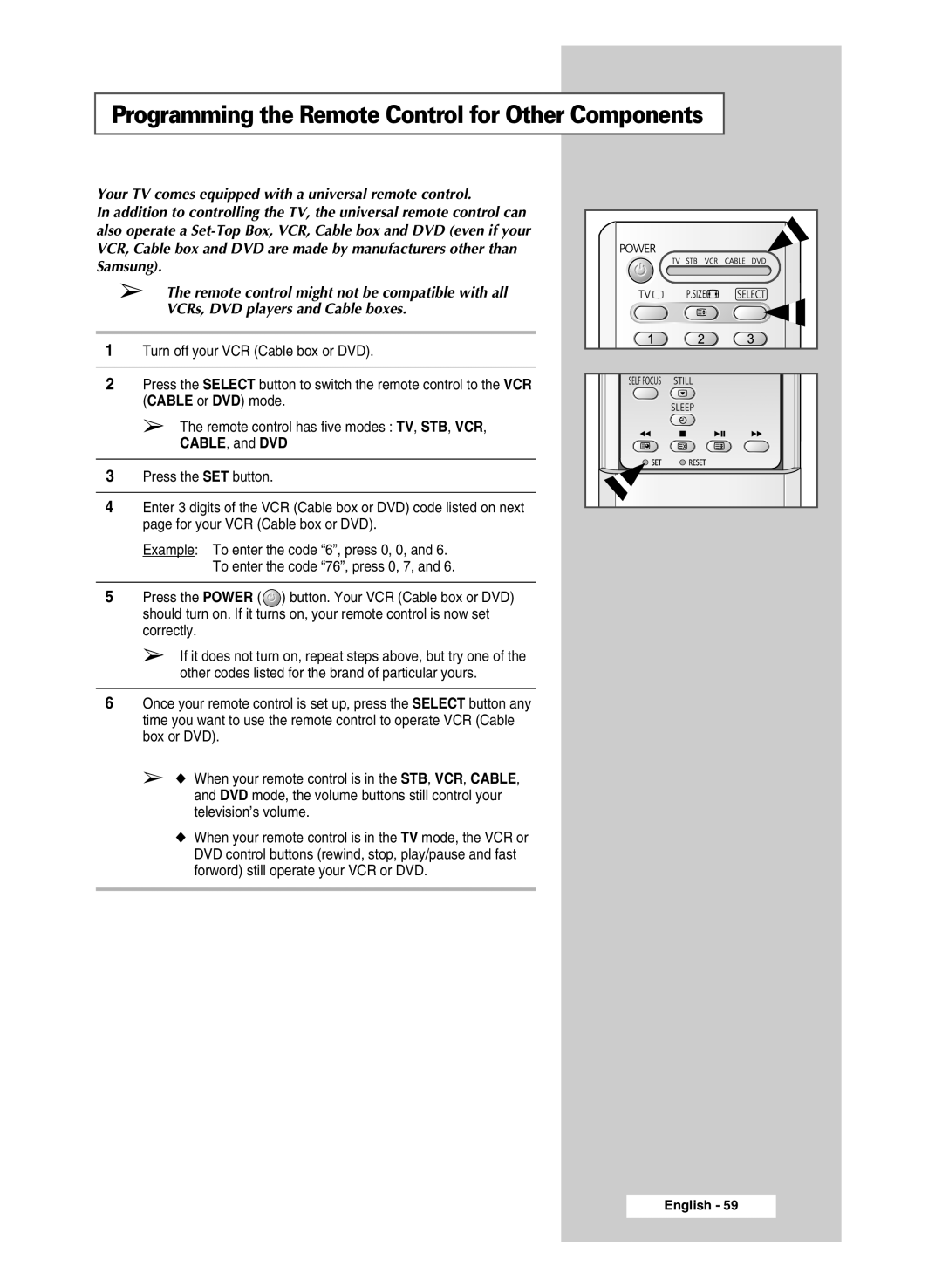 Samsung SP43R1, SP54R1, SP47Q5 manual Programming the Remote Control for Other Components 