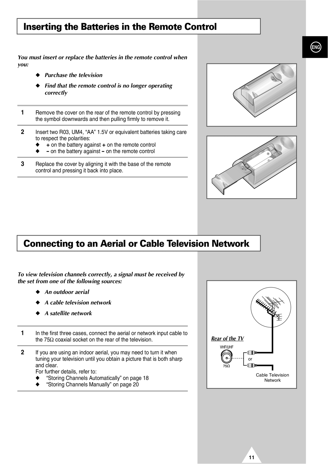 Samsung SP55W3, SP54T7 Inserting the Batteries in the Remote Control, Connecting to an Aerial or Cable Television Network 