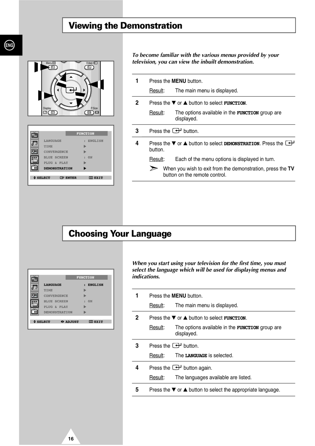 Samsung SP43T8, SP54T7, SP48T6, SP52Q7, SP47Q7, SP42W4, SP43J9, SP54J9, SP65W3 Viewing the Demonstration, Choosing Your Language 