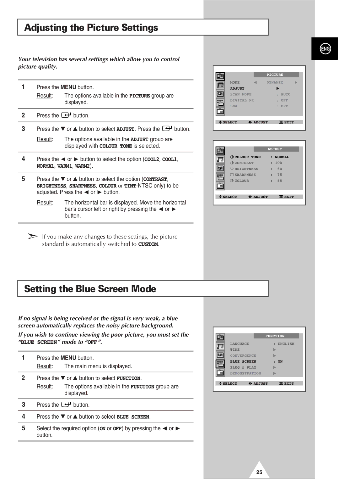 Samsung SP48T6, SP54T7, SP52Q7, SP47Q7, SP43T8, SP42W4, SP43J9 Adjusting the Picture Settings, Setting the Blue Screen Mode 