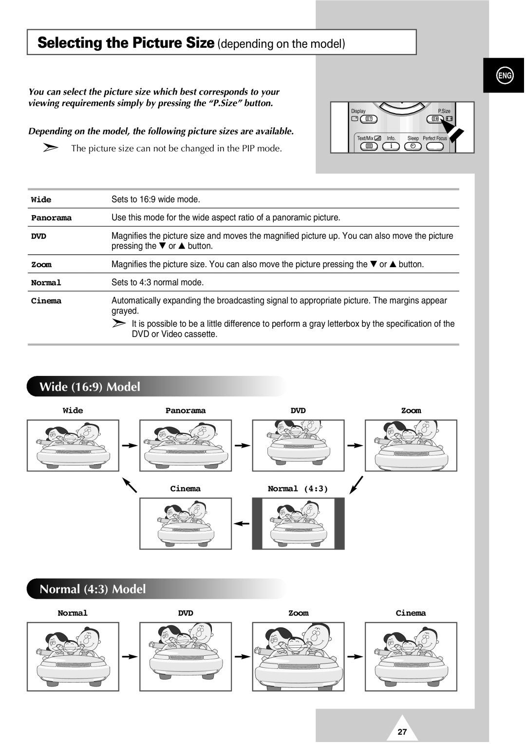 Samsung SP47Q7, SP54T7, SP48T6, SP52Q7, SP43T8, SP42W4, SP43J9, SP54J9 Selecting the Picture Size depending on the model, Dvd 