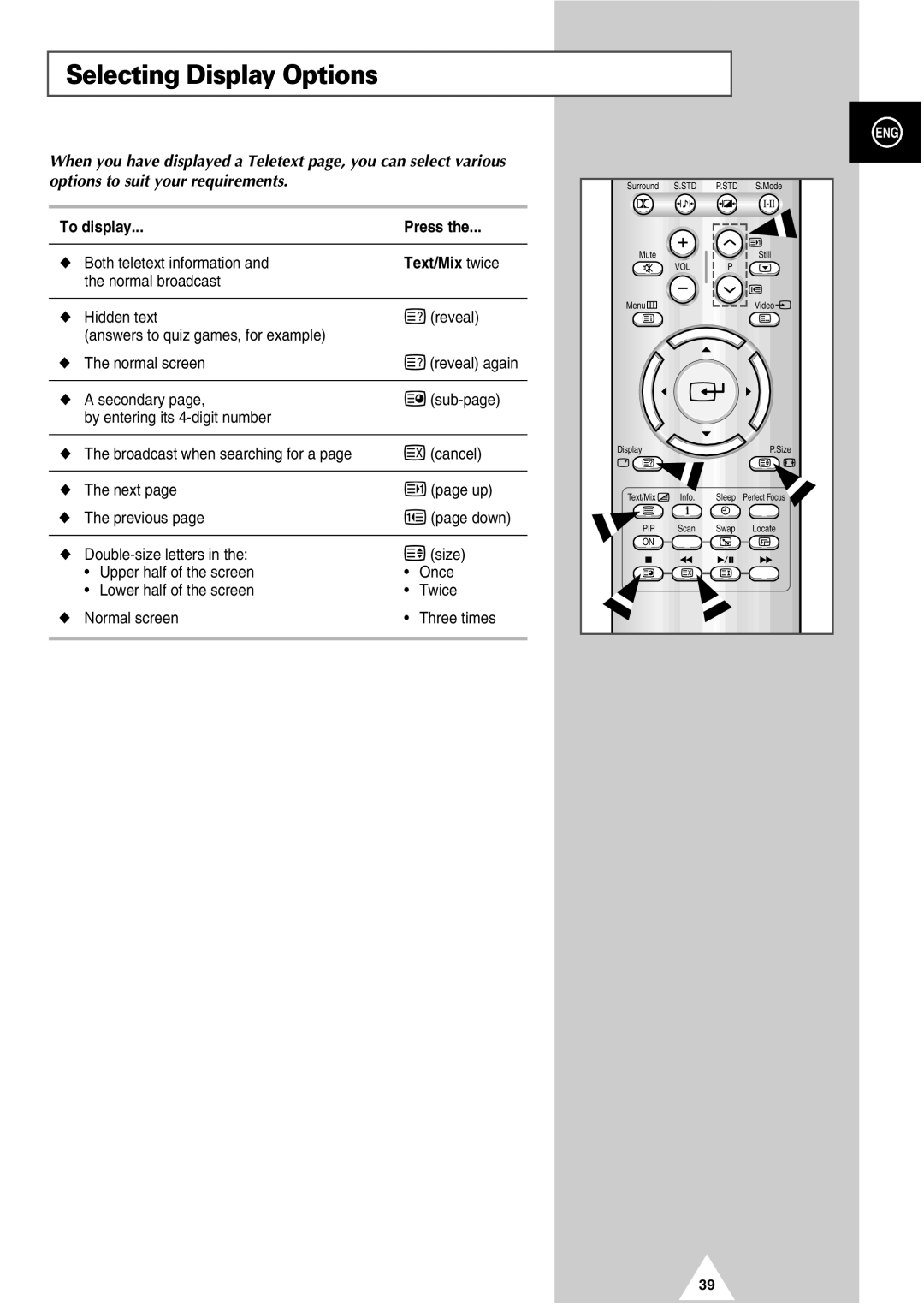 Samsung SP47Q7, SP54T7, SP48T6, SP52Q7, SP43T8, SP42W4, SP43J9 manual Selecting Display Options, To display Press, Text/Mix twice 