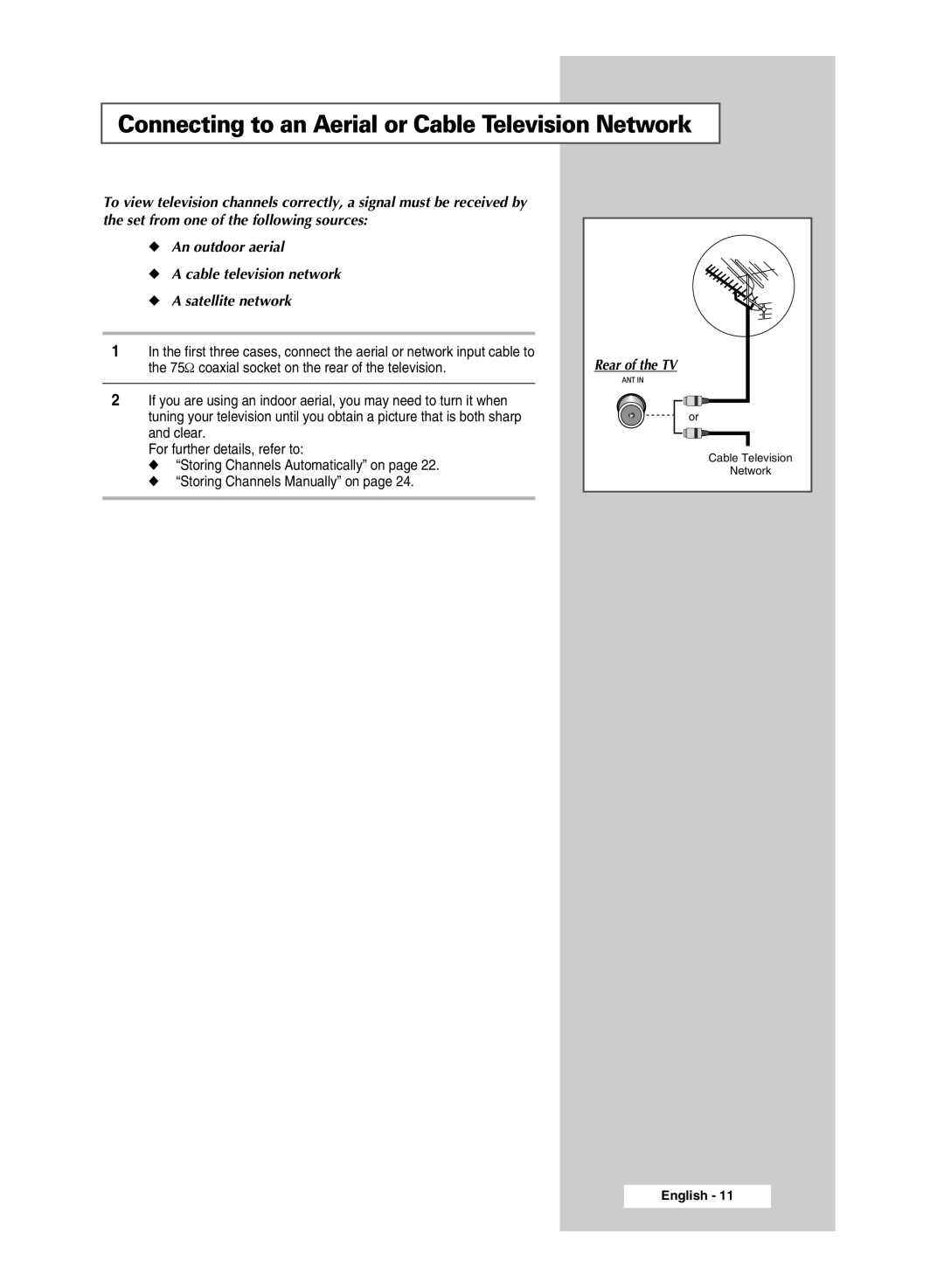 Samsung SP54T8c manual Connecting to an Aerial or Cable Television Network 