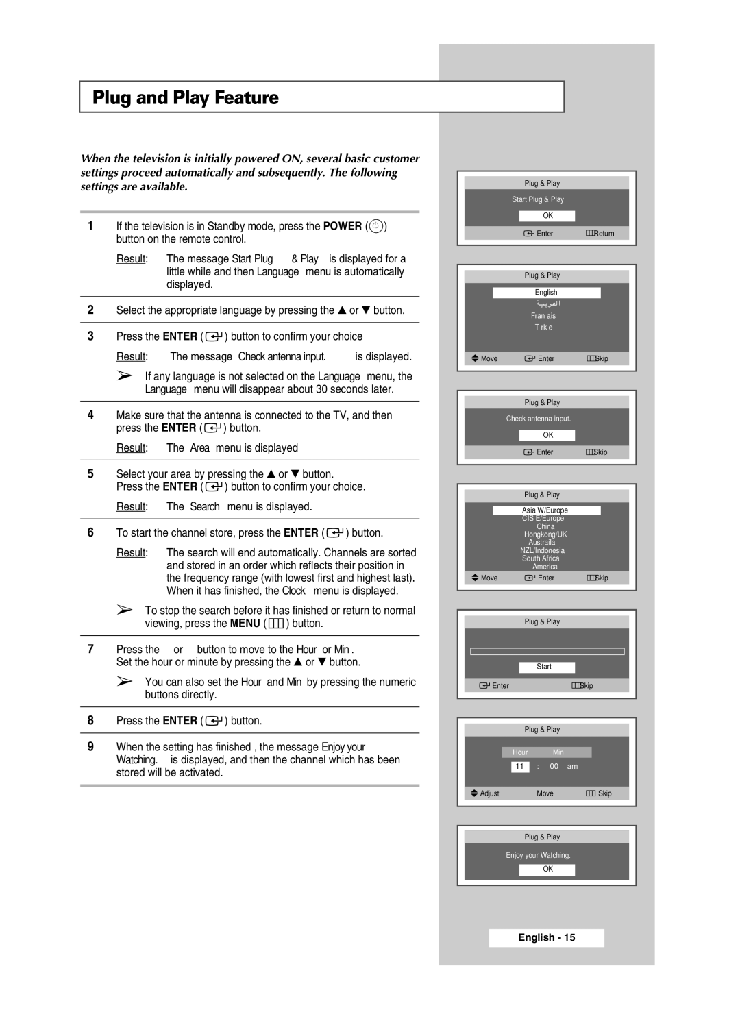 Samsung SP54T8c manual Plug and Play Feature, Start Plug & Play 