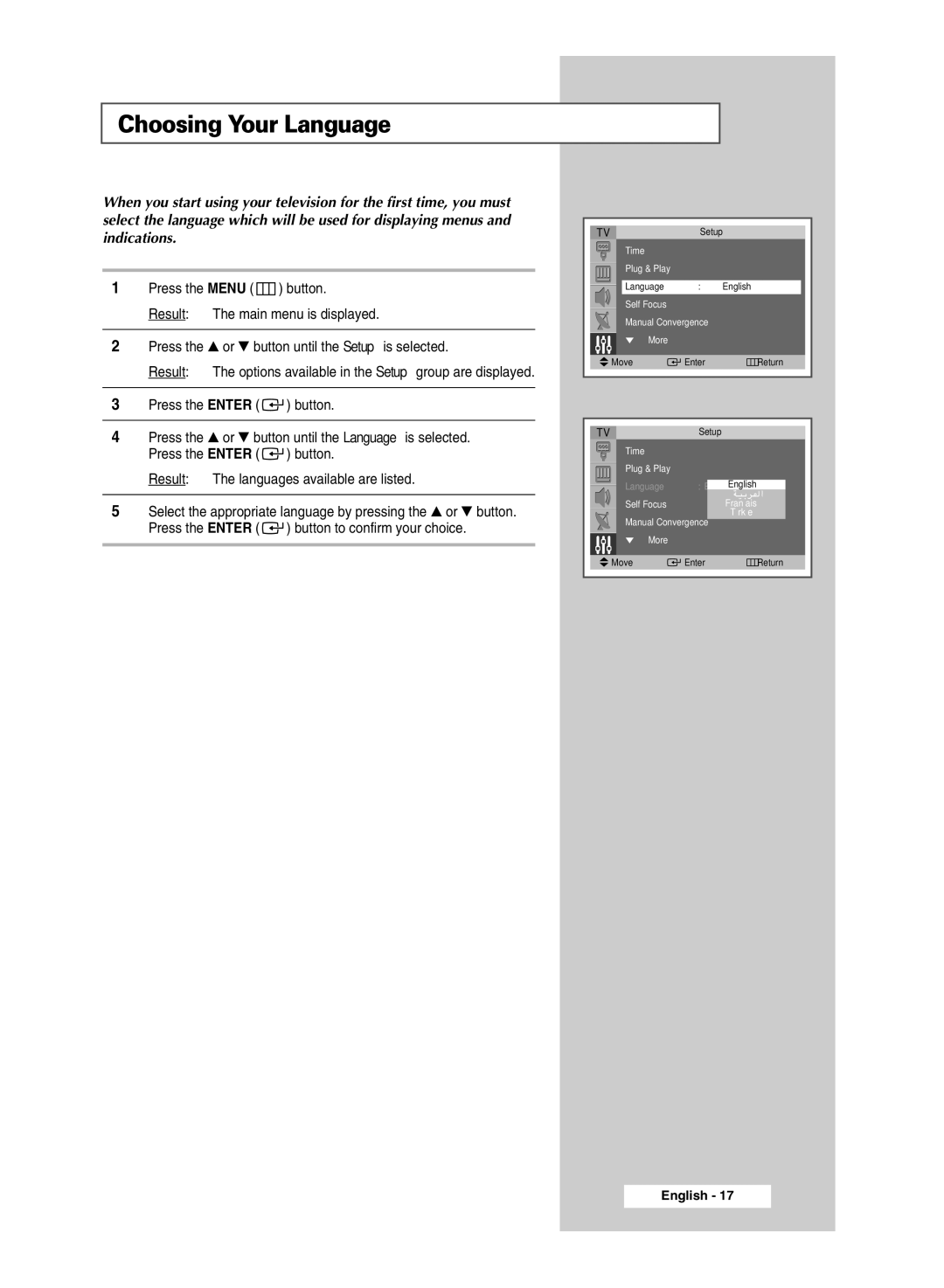 Samsung SP54T8c manual Choosing Your Language 