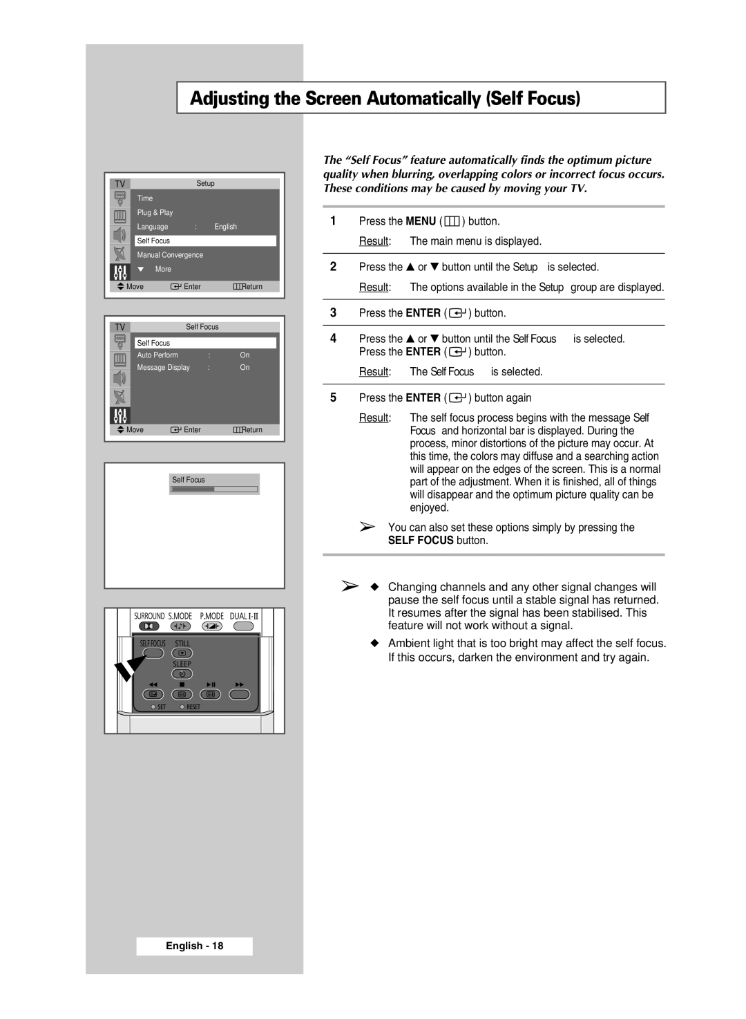 Samsung SP54T8c manual Adjusting the Screen Automatically Self Focus 