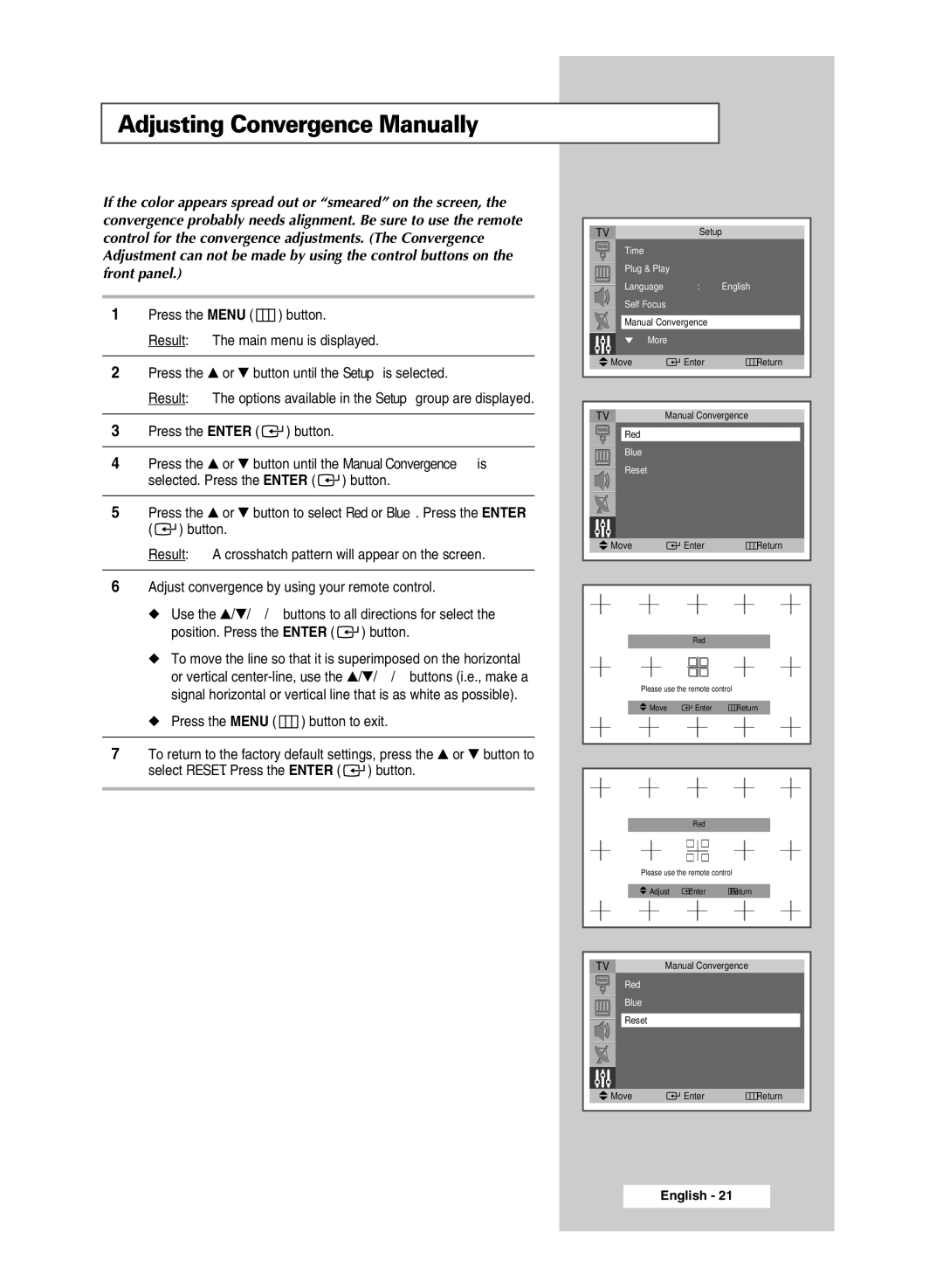 Samsung SP54T8c manual Adjusting Convergence Manually, Reset 