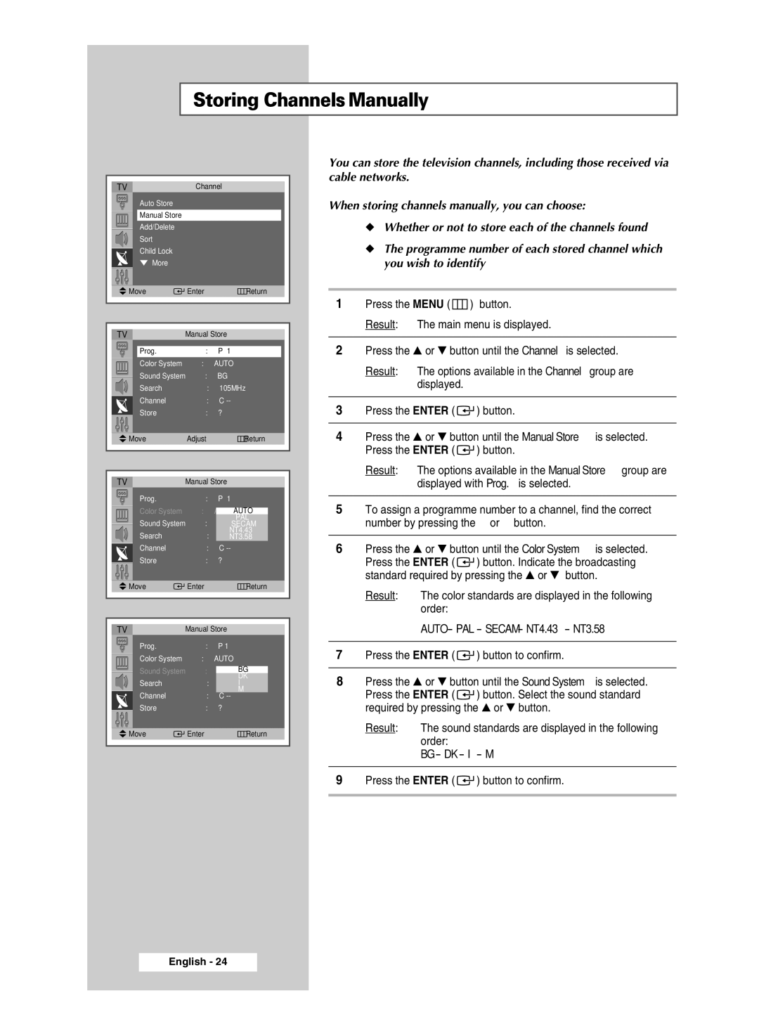 Samsung SP54T8c manual Storing Channels Manually, Auto 