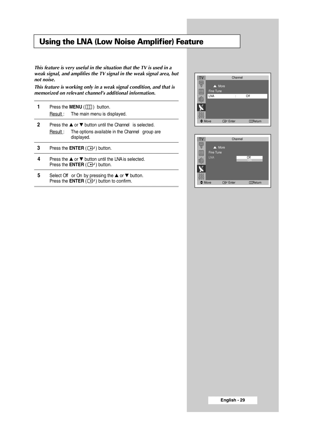 Samsung SP54T8c manual Using the LNA Low Noise Amplifier Feature 