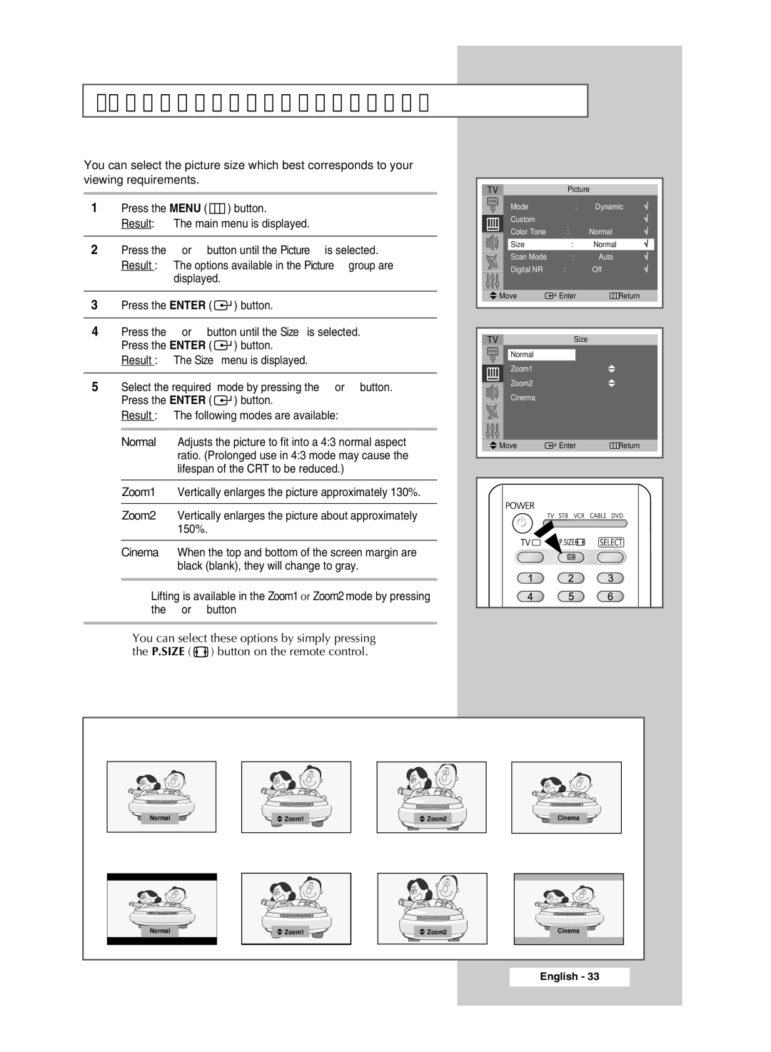 Samsung SP54T8c manual Selecting the Picture Size 43 Model, Normal 