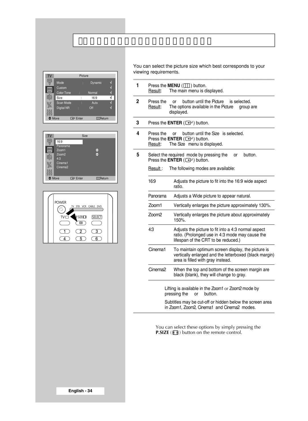 Samsung SP54T8c manual Selecting the Picture Size Wide Model, Cinema1 