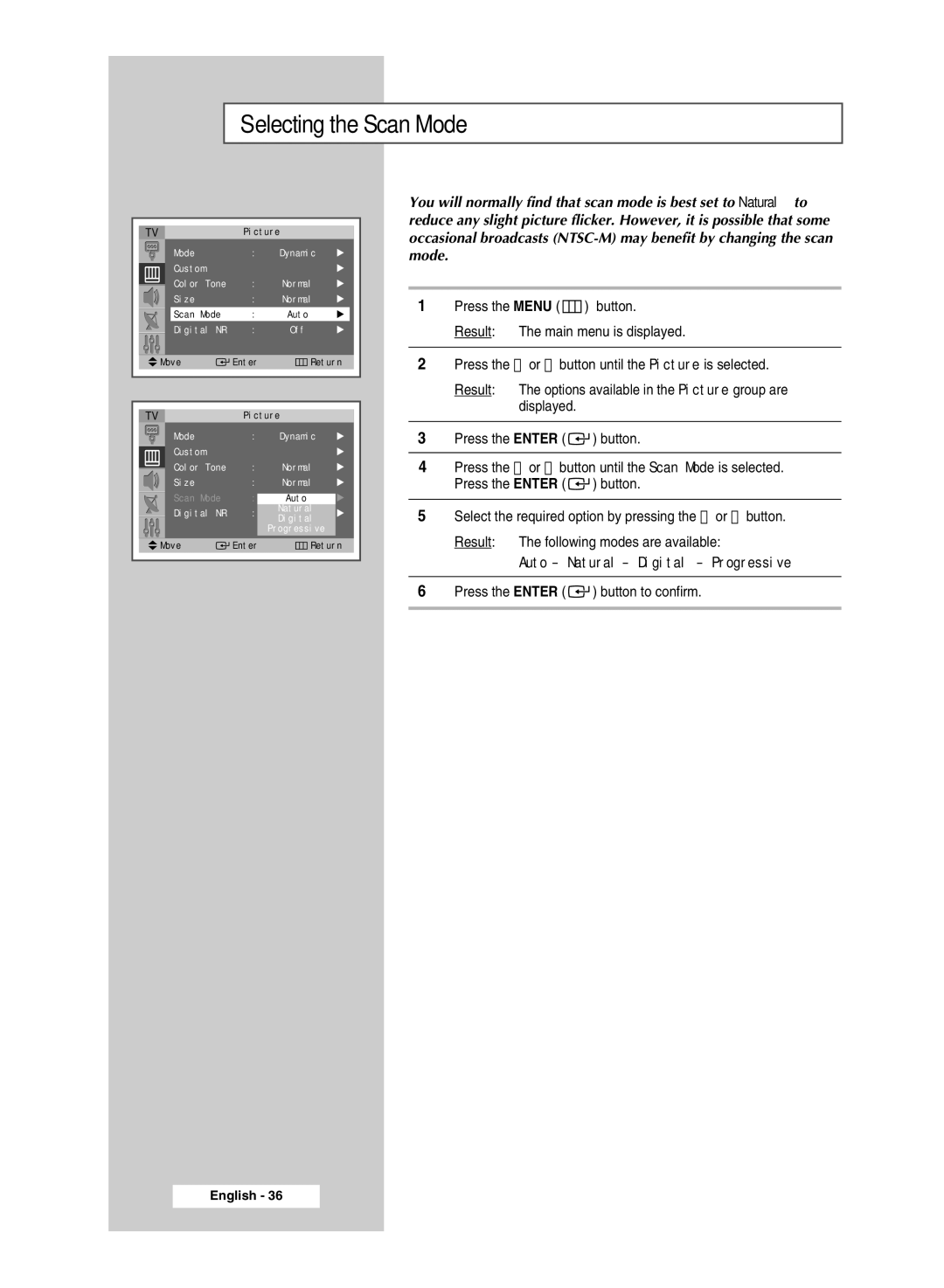 Samsung SP54T8c manual Selecting the Scan Mode 