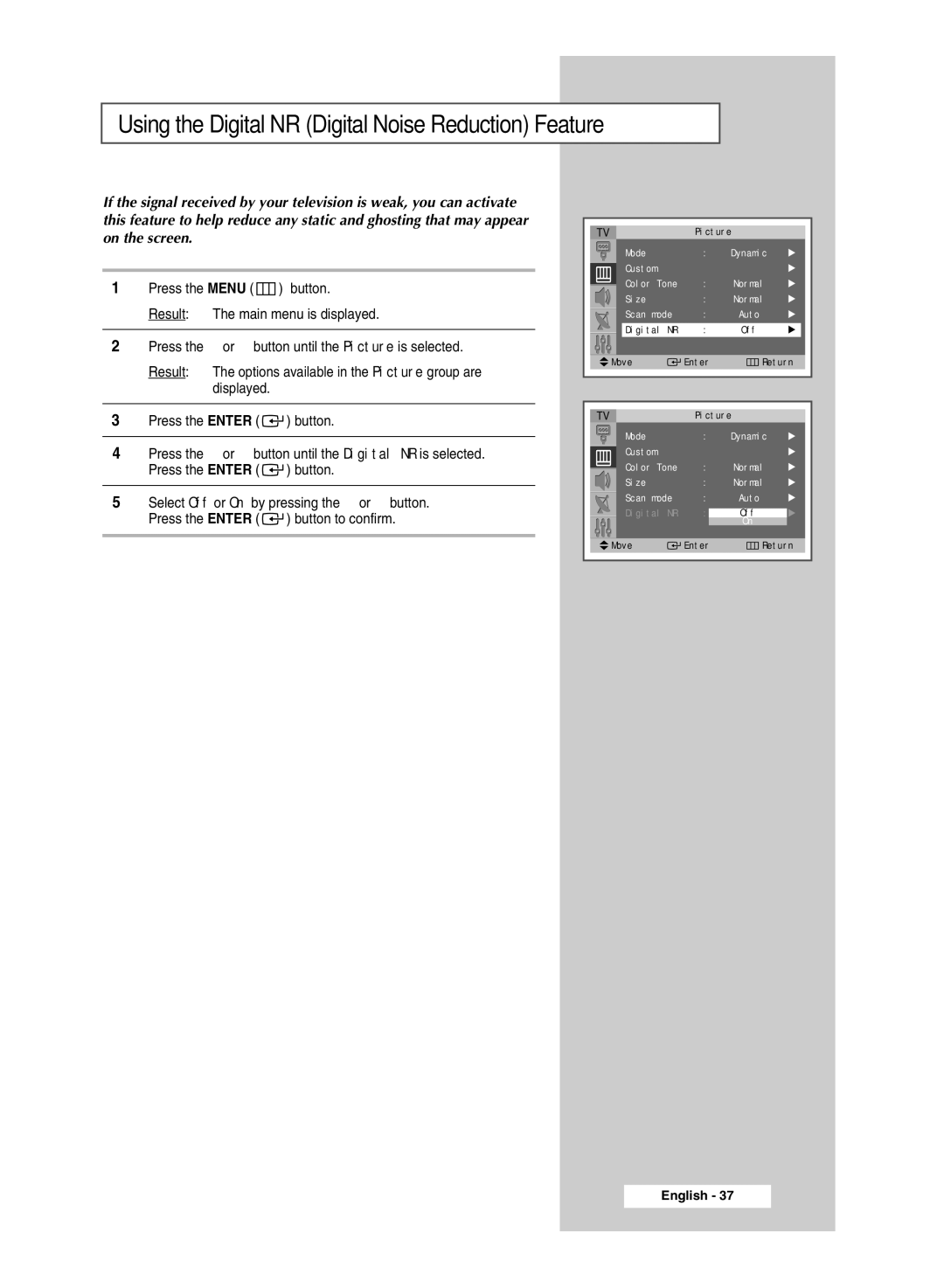 Samsung SP54T8c manual Using the Digital NR Digital Noise Reduction Feature 