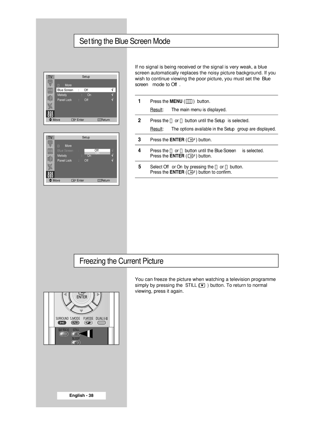 Samsung SP54T8c manual Setting the Blue Screen Mode, Freezing the Current Picture 