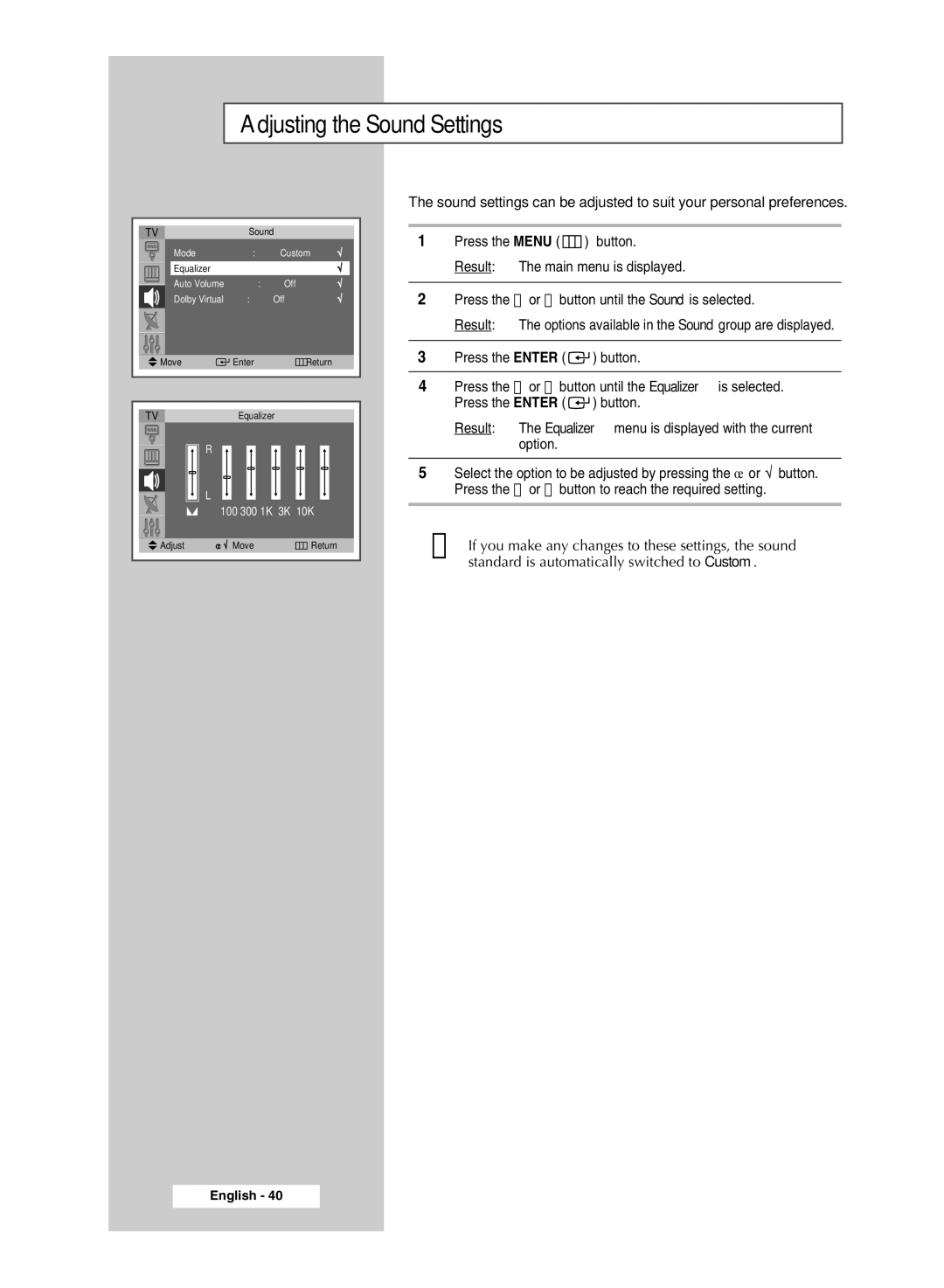 Samsung SP54T8c manual Adjusting the Sound Settings 