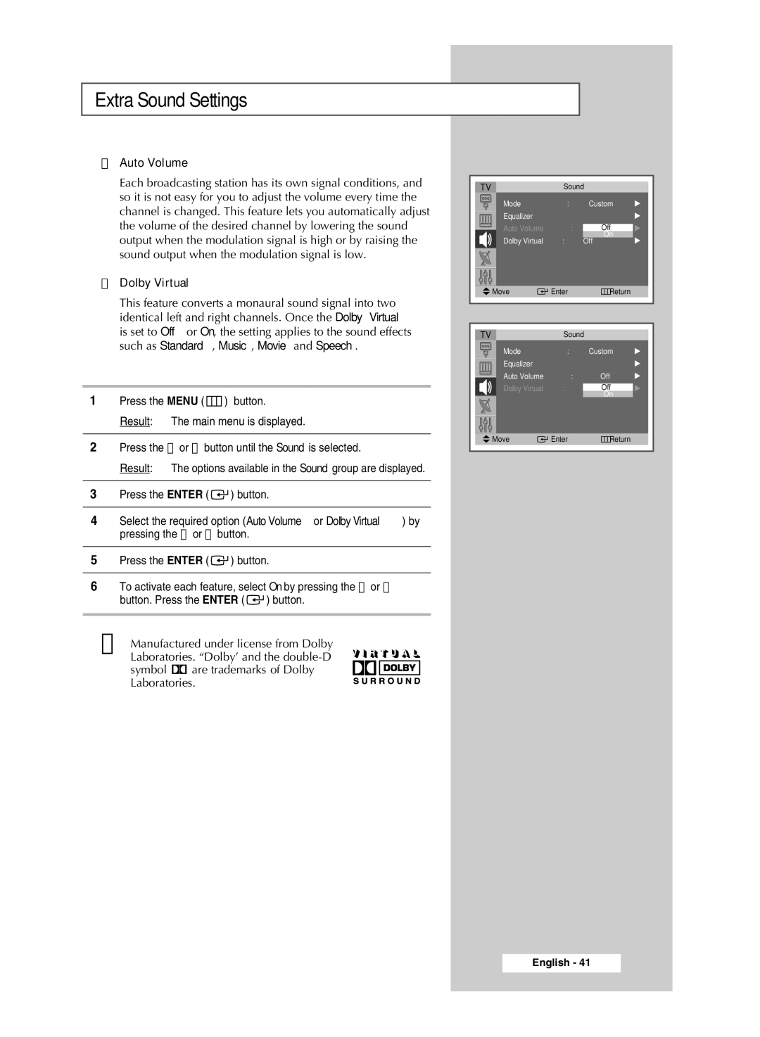 Samsung SP54T8c manual Extra Sound Settings, Auto Volume 