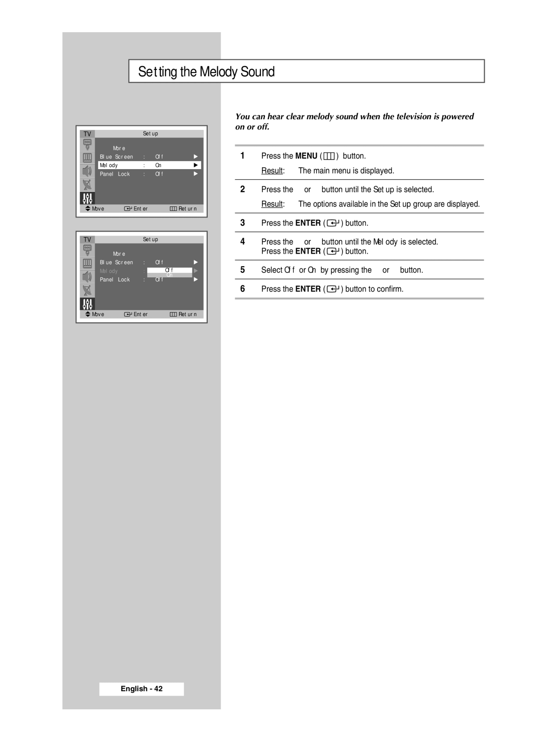 Samsung SP54T8c manual Setting the Melody Sound 