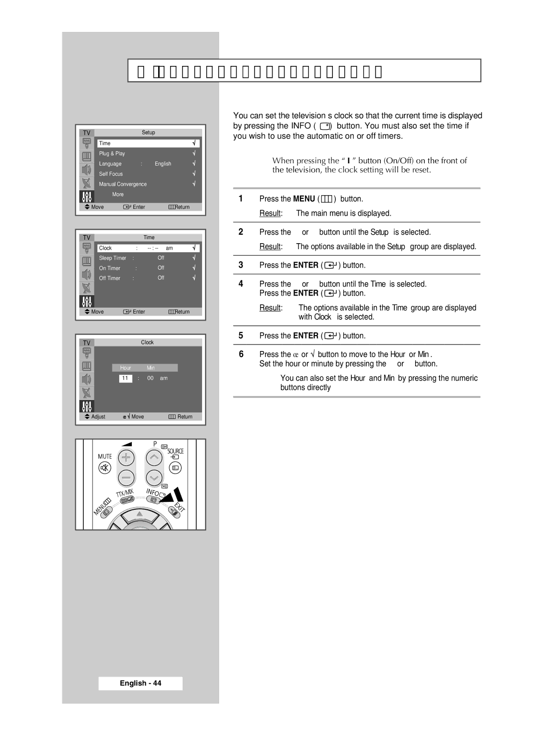 Samsung SP54T8c manual Setting and Displaying the Current Time 