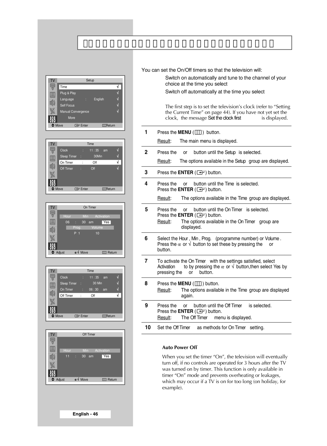 Samsung SP54T8c manual Switching the Television On and Off Automatically, Auto Power Off 