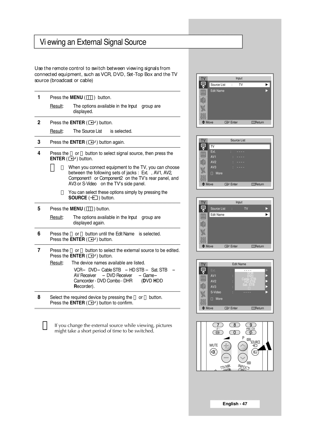 Samsung SP54T8c manual Viewing an External Signal Source 