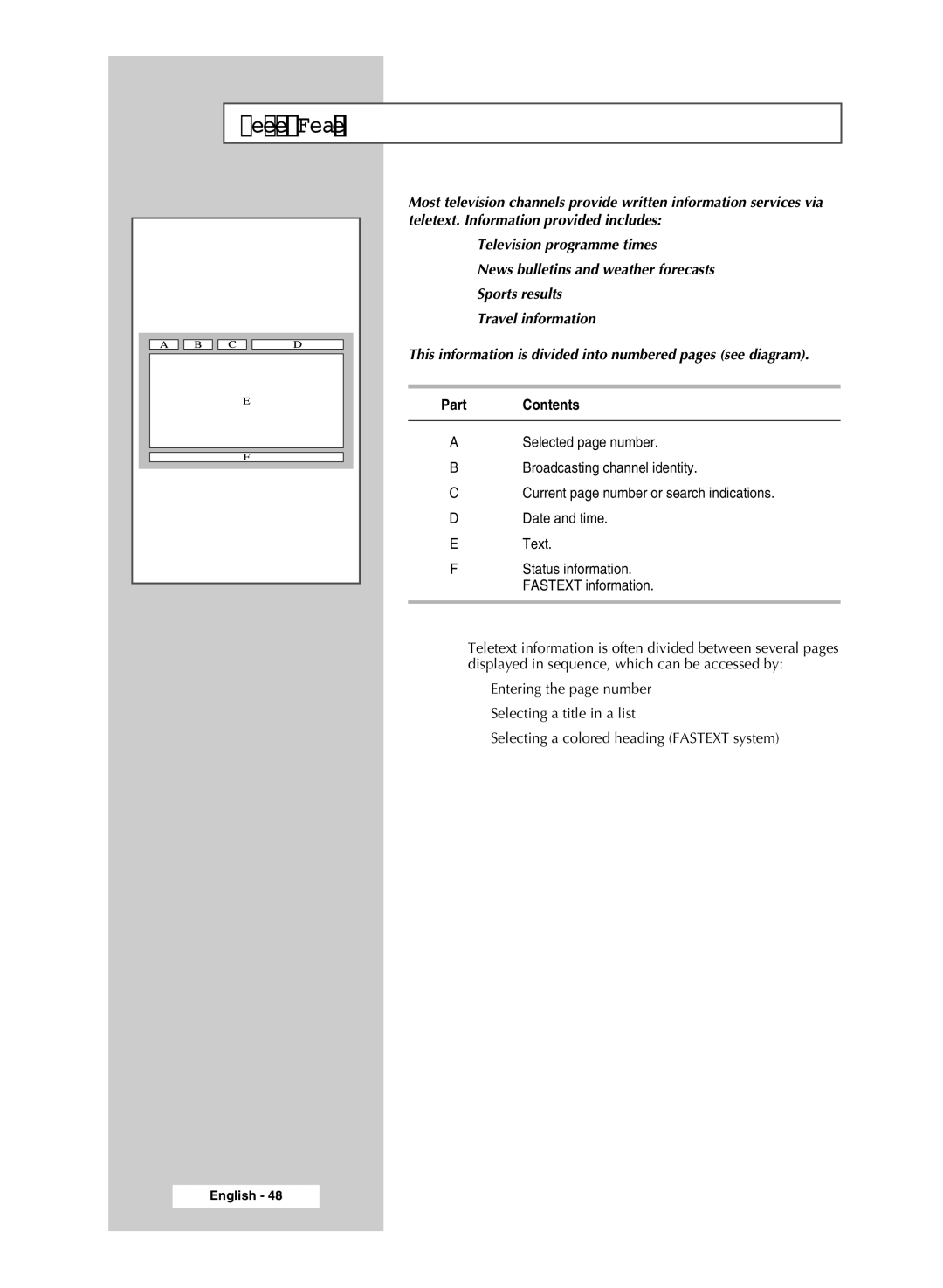 Samsung SP54T8c manual Teletext Feature, Part Contents 