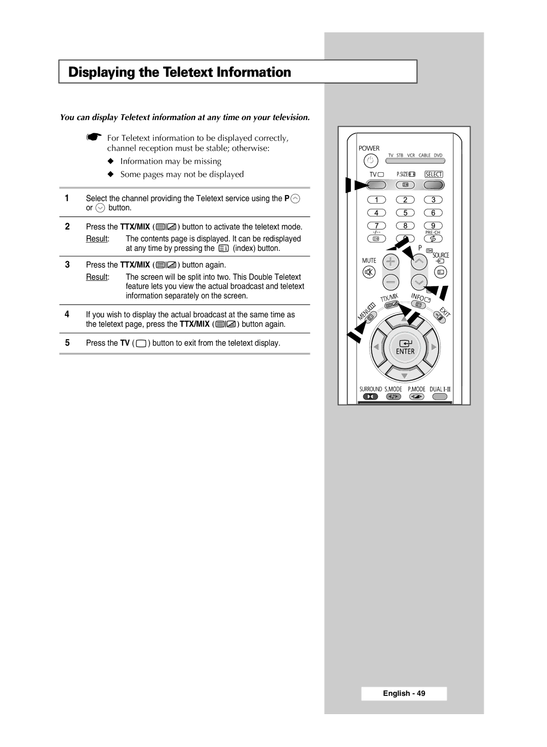 Samsung SP54T8c manual Displaying the Teletext Information 