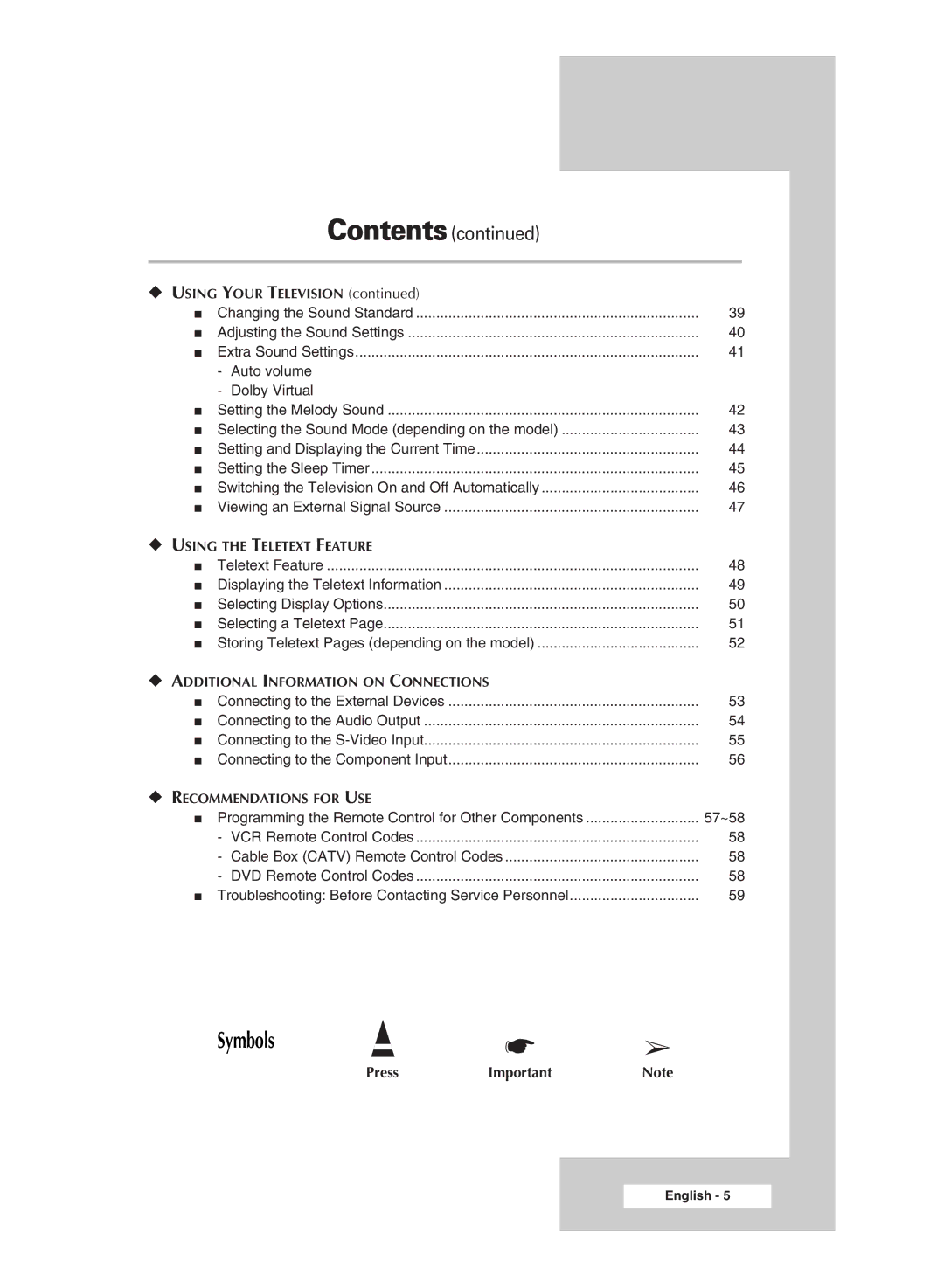 Samsung SP54T8c manual Symbols 