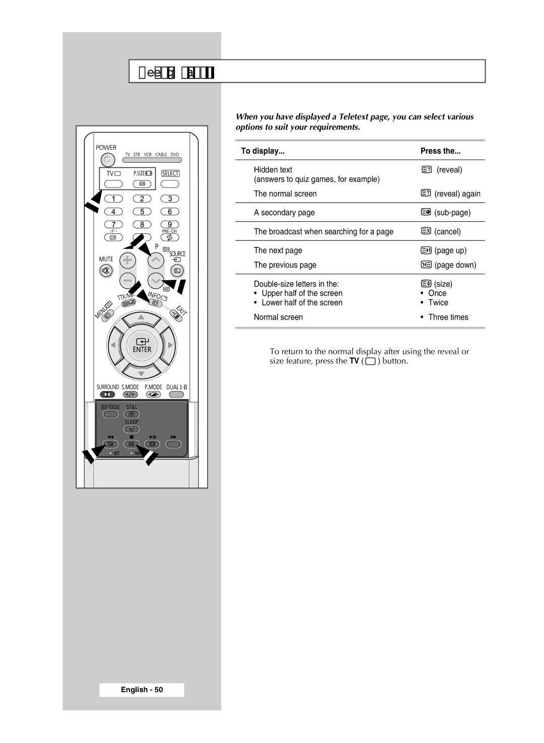 Samsung SP54T8c manual Selecting Display Options, To display Press 