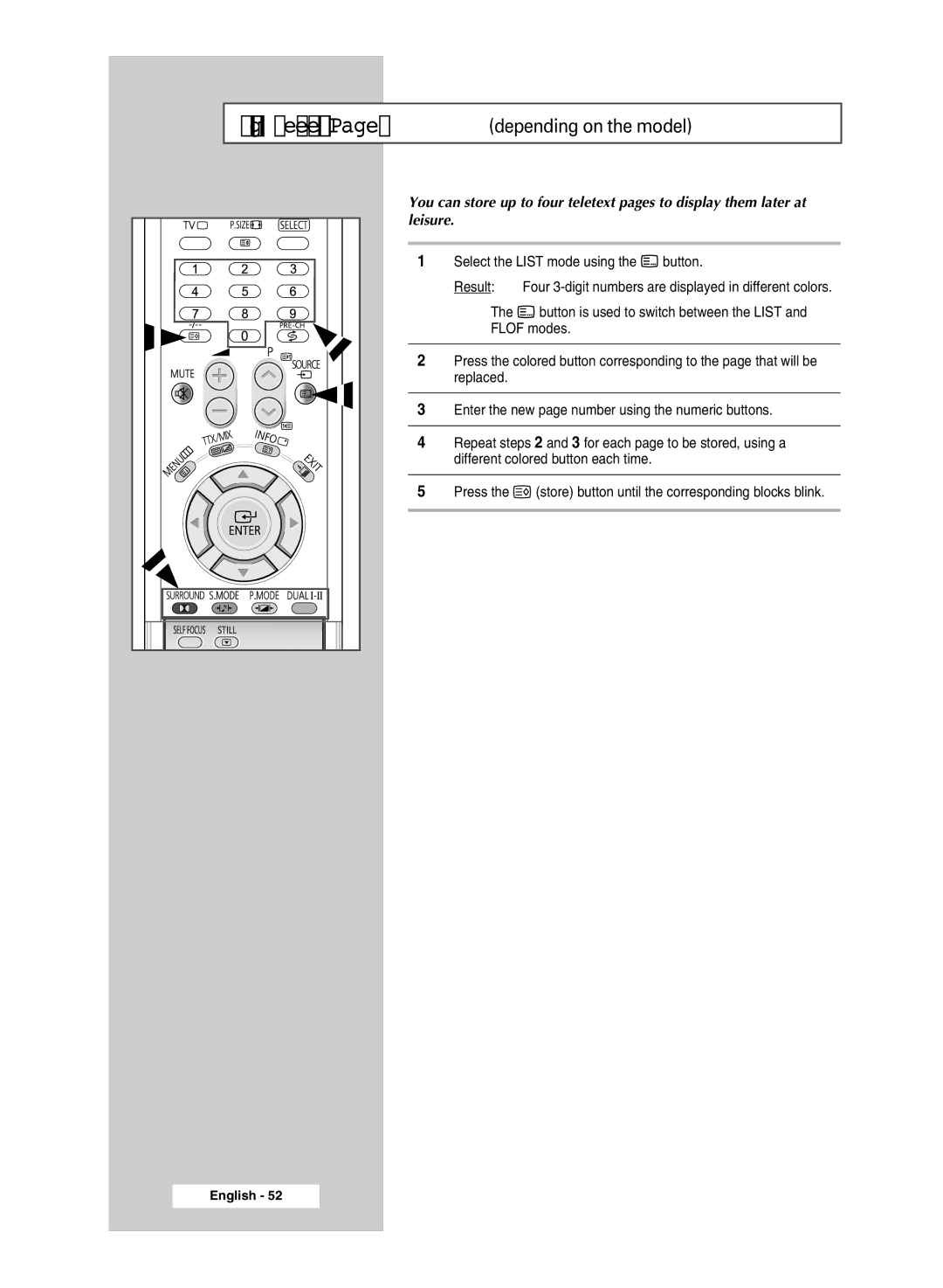 Samsung SP54T8c manual Storing Teletext Pages depending on the model 