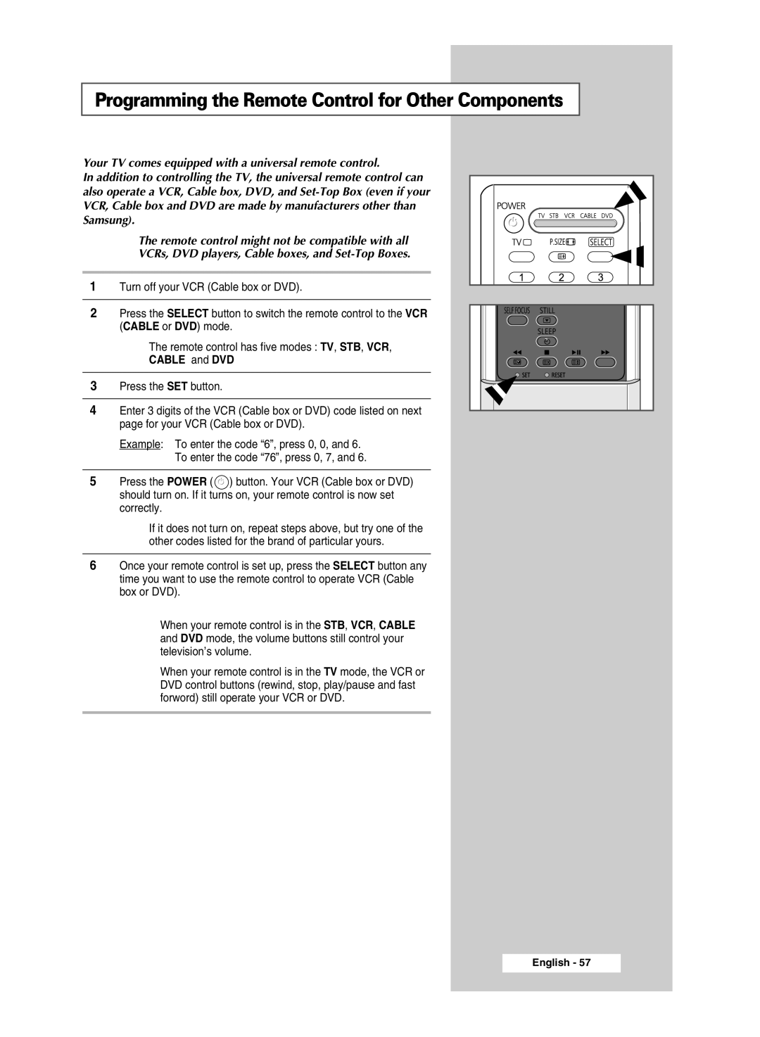 Samsung SP54T8c manual Programming the Remote Control for Other Components 