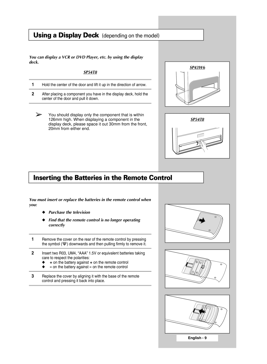 Samsung SP54T8c manual Inserting the Batteries in the Remote Control, Using a Display Deck depending on the model 