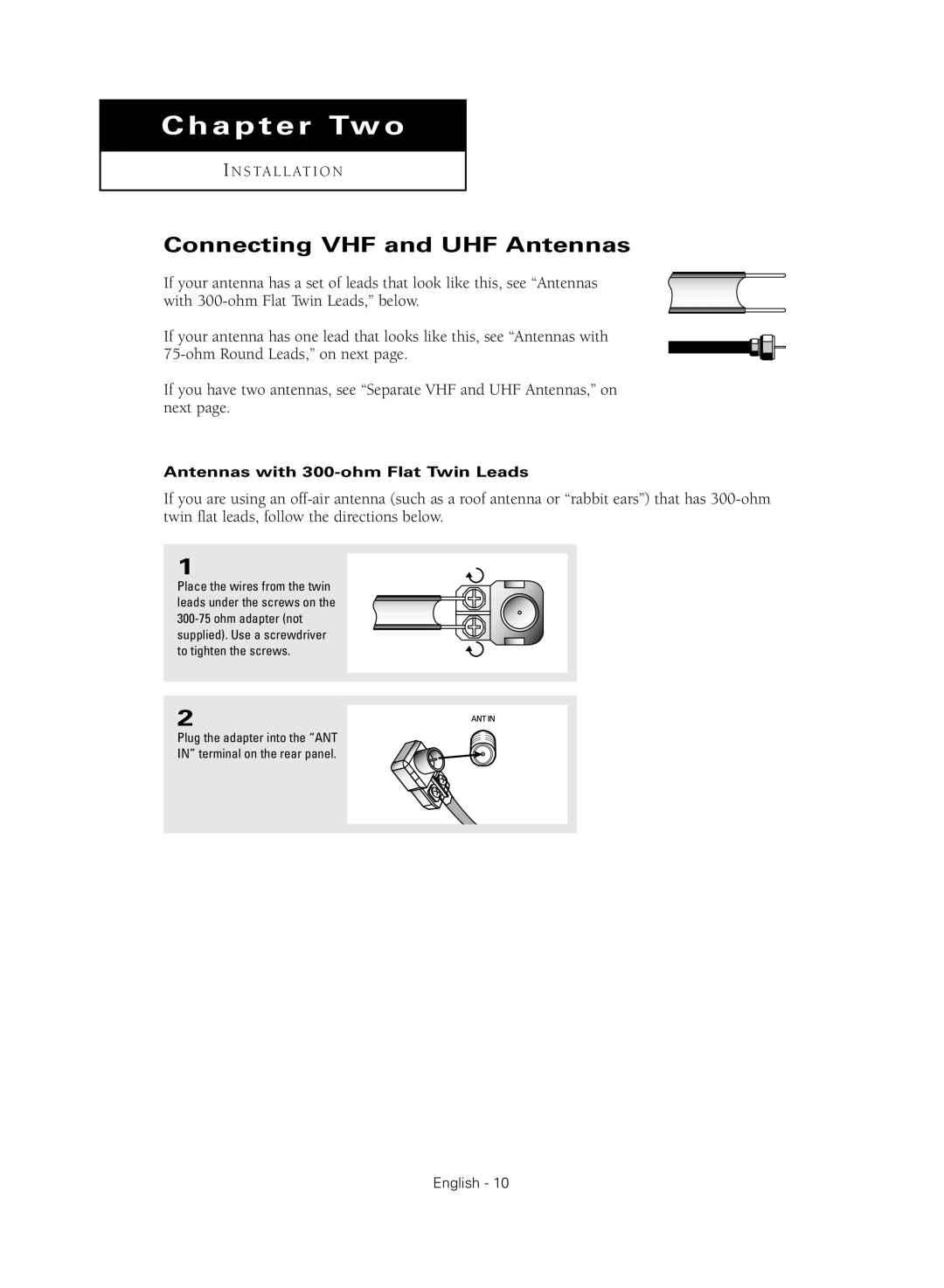 Samsung SP54T8HL, SP43Q5HL1X, SP52Q2HL, SP47Q2HL manual Connecting VHF and UHF Antennas, Antennas with 300-ohm Flat Twin Leads 