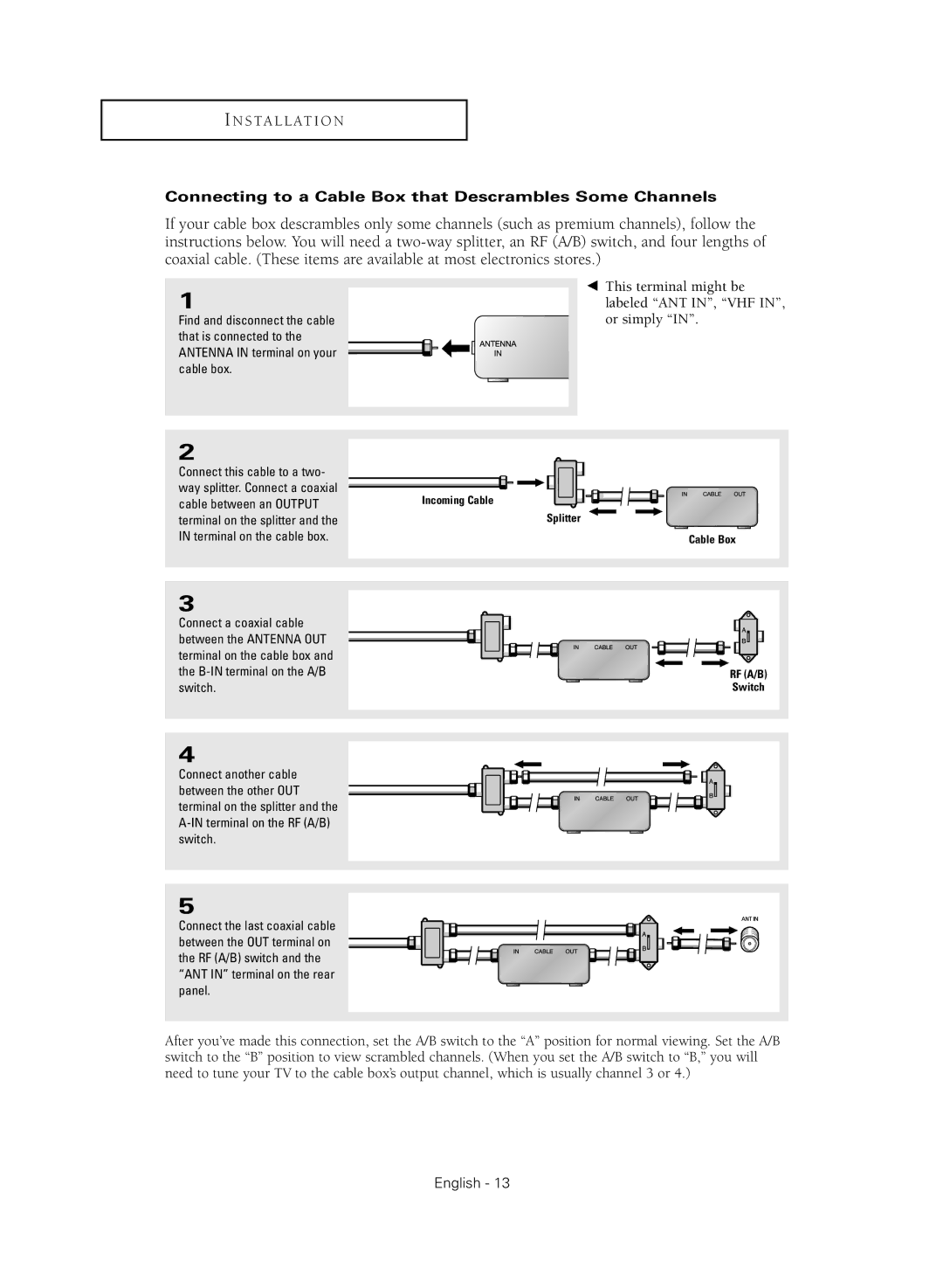 Samsung SP47Q2HL, SP54T8HL, SP43Q5HL1X, SP52Q2HL, SP47Q5HL1X manual Connecting to a Cable Box that Descrambles Some Channels 