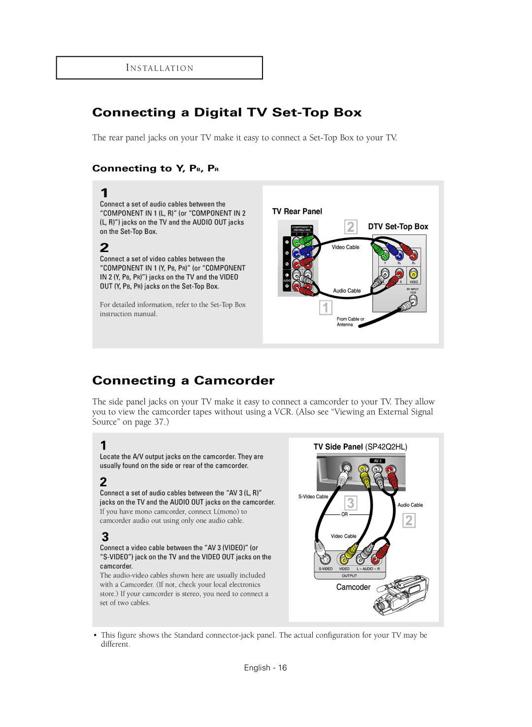 Samsung SP43Q5HL1X, SP54T8HL, SP52Q2HL, SP47Q2HL, SP47Q5HL1X manual Connecting a Digital TV Set-Top Box, Connecting a Camcorder 