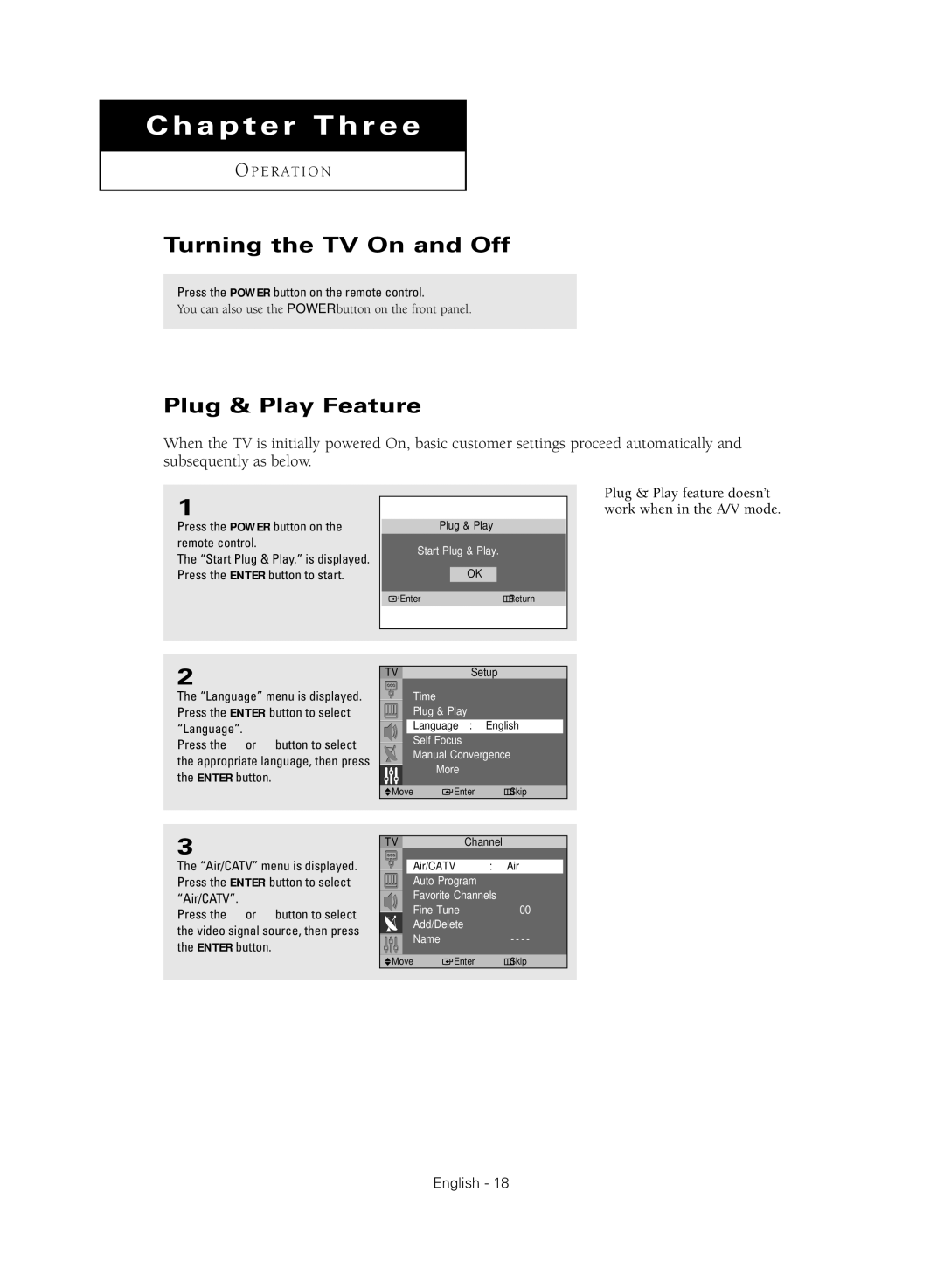 Samsung SP47Q2HL, SP54T8HL, SP43Q5HL1X, SP52Q2HL, SP47Q5HL1X manual Turning the TV On and Off, Plug & Play Feature 